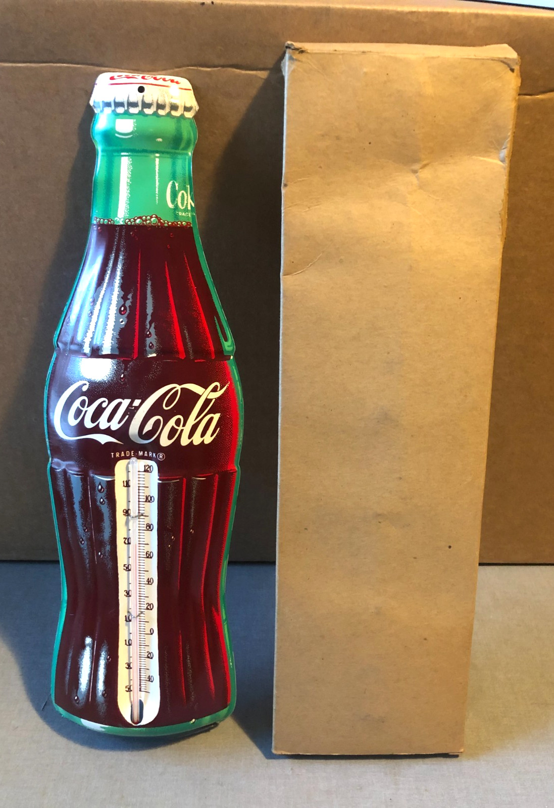 VINTAGE COCA-COLA BOTTLE METAL THERMOMETER-ORG BOX-DONASCO-16.5 VINTAGE COCA-COLA BOTTLE METAL THERMOMETER-ORG BOX-DONASCO-16.5