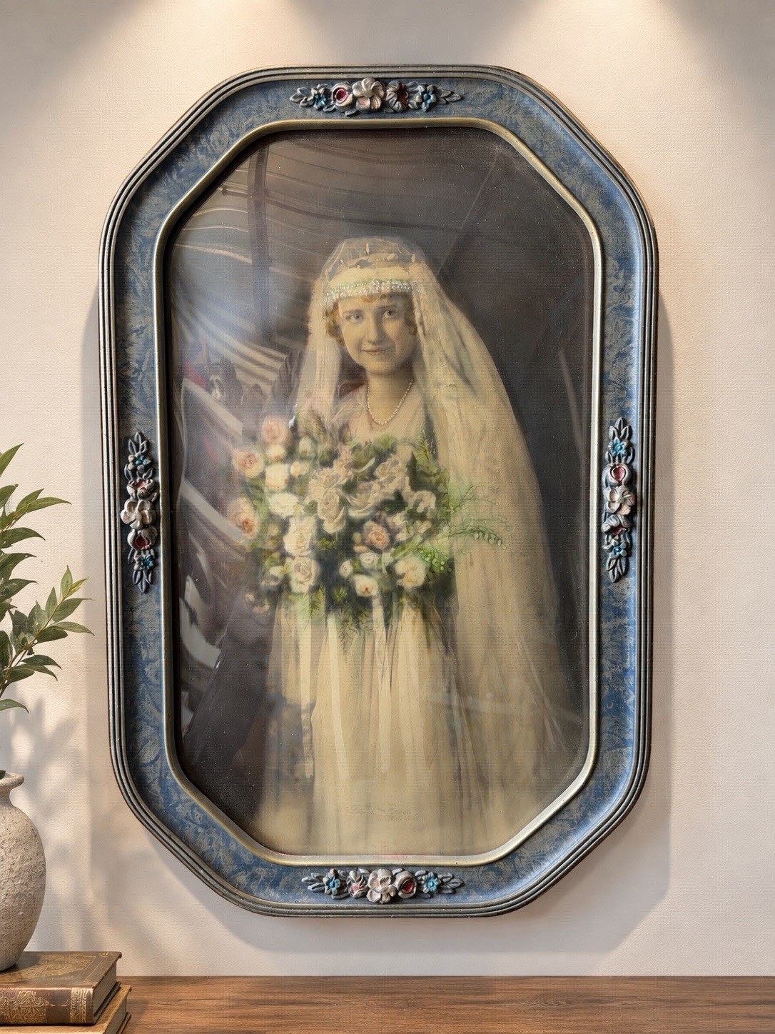 Antique Edwardian Oval Gesso Frame Convex Glass 1910s Tinted Wedding Photo Art Antique Edwardian Oval Gesso Frame Convex Glass 1910s Tinted Wedding Photo Art