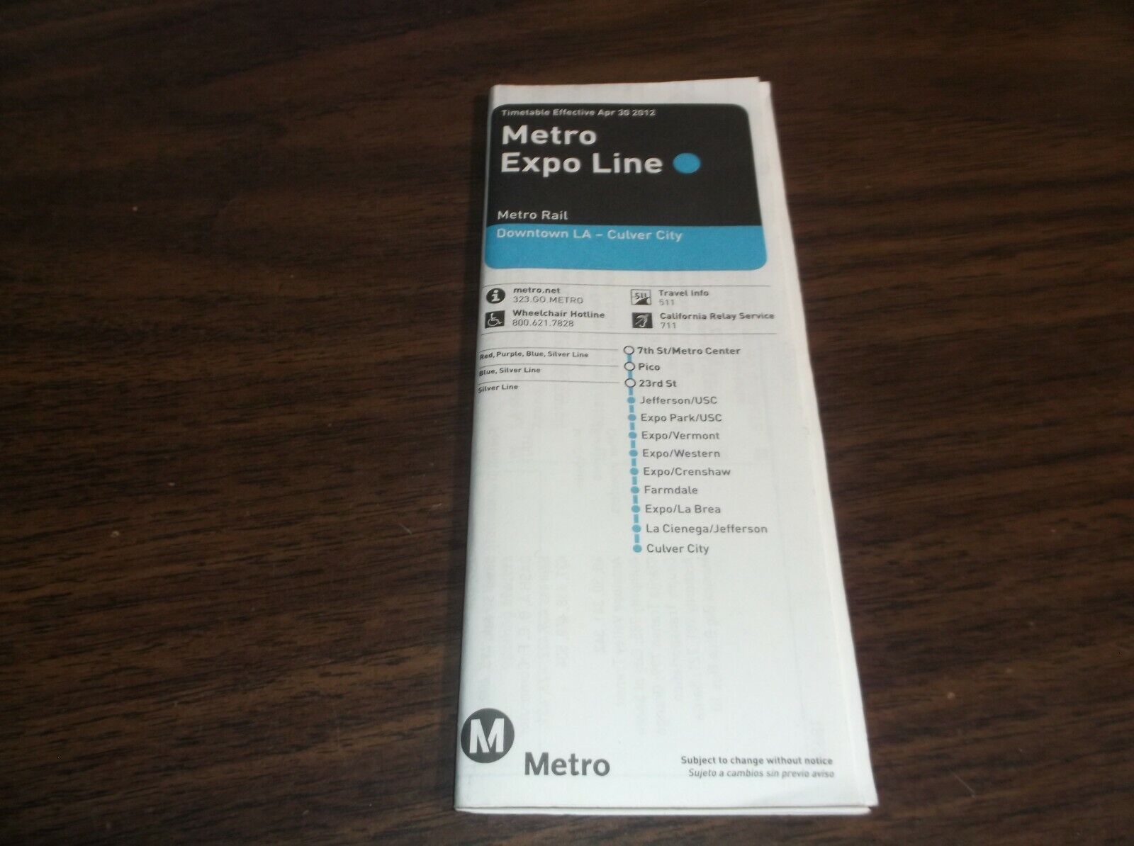 APRIL 2012 LOS ANGELES METRO EXPO LINE PUBLIC TIMETABLE