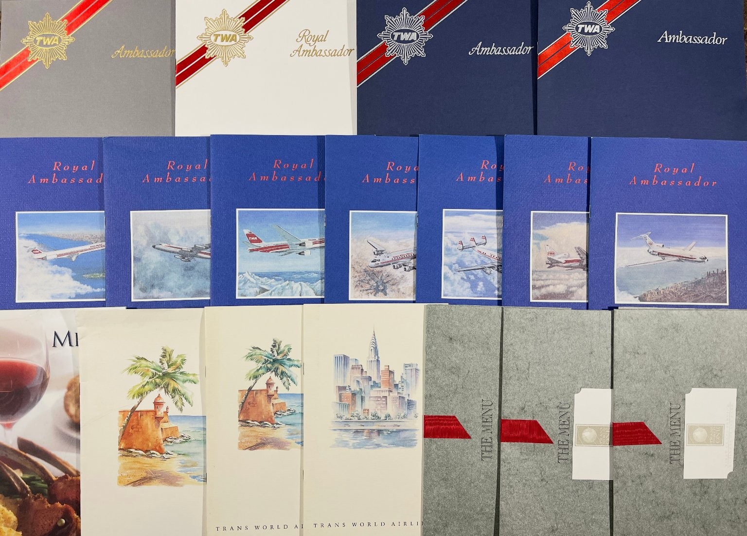 TWA Trans World Airlines Menu Lot 18 Vintage 70s-90s Royal Ambassador Wollenberg TWA Trans World Airlines Menu Lot 18 Vintage 70s-90s Royal Ambassador Wollenberg