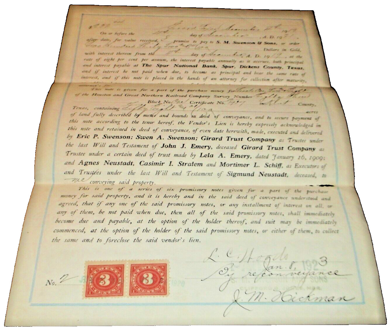 DECEMBER 1919 HOUSTON AND GREAT NORTHERN RAILROAD VENDOR\'S LIEN NOTE DECEMBER 1919 HOUSTON AND GREAT NORTHERN RAILROAD VENDOR\'S LIEN NOTE