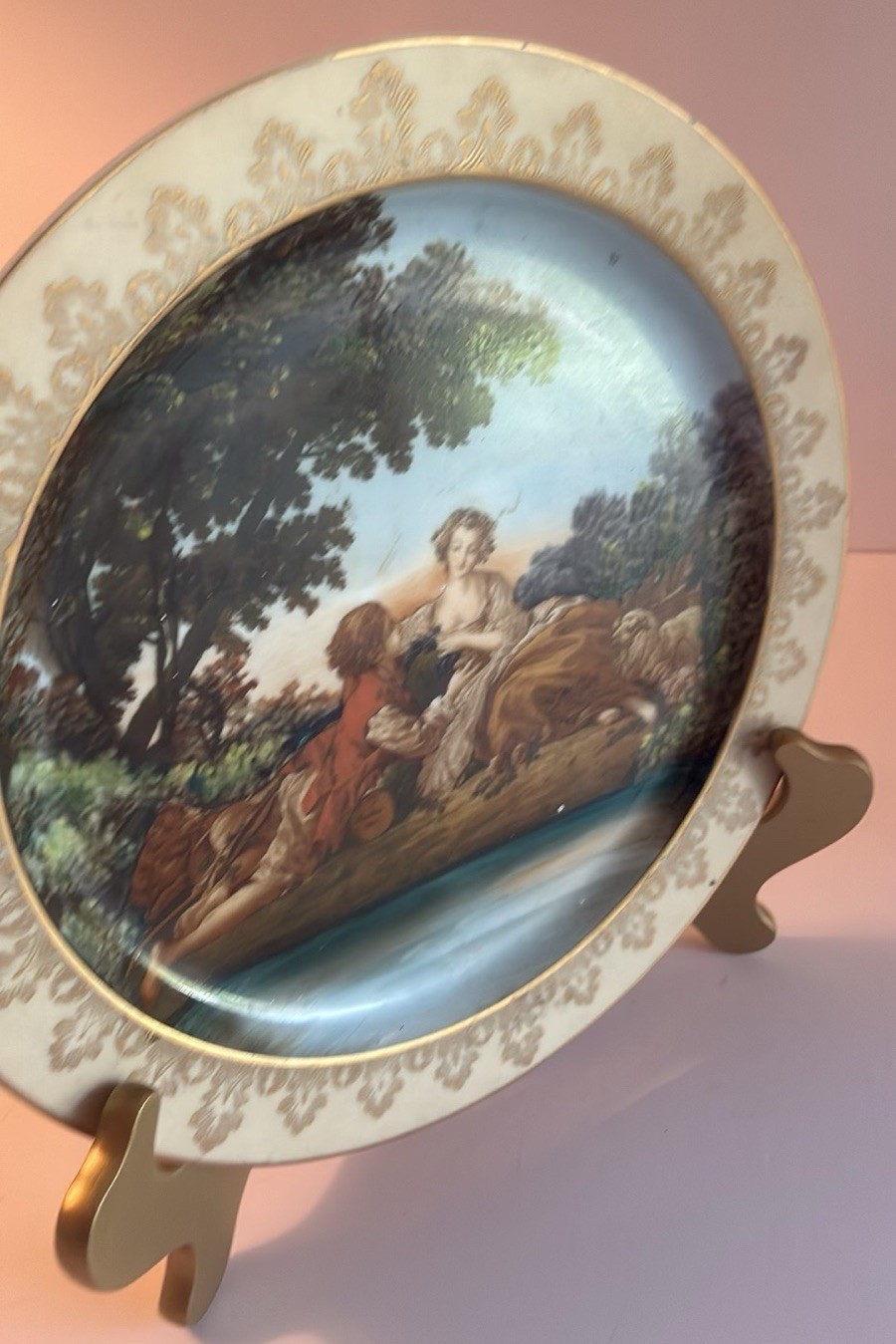 ANTIQUE FRENCH F.BOUCHER COURTING GOLD GILDED PLATE PORCELAIN SIGNED ANTIQUE FRENCH F.BOUCHER COURTING GOLD GILDED PLATE PORCELAIN SIGNED