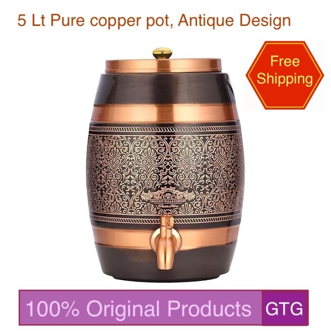 5 Lt Countertop Pure Copper Water Dispenser Pot, Antique Engraved Barrel