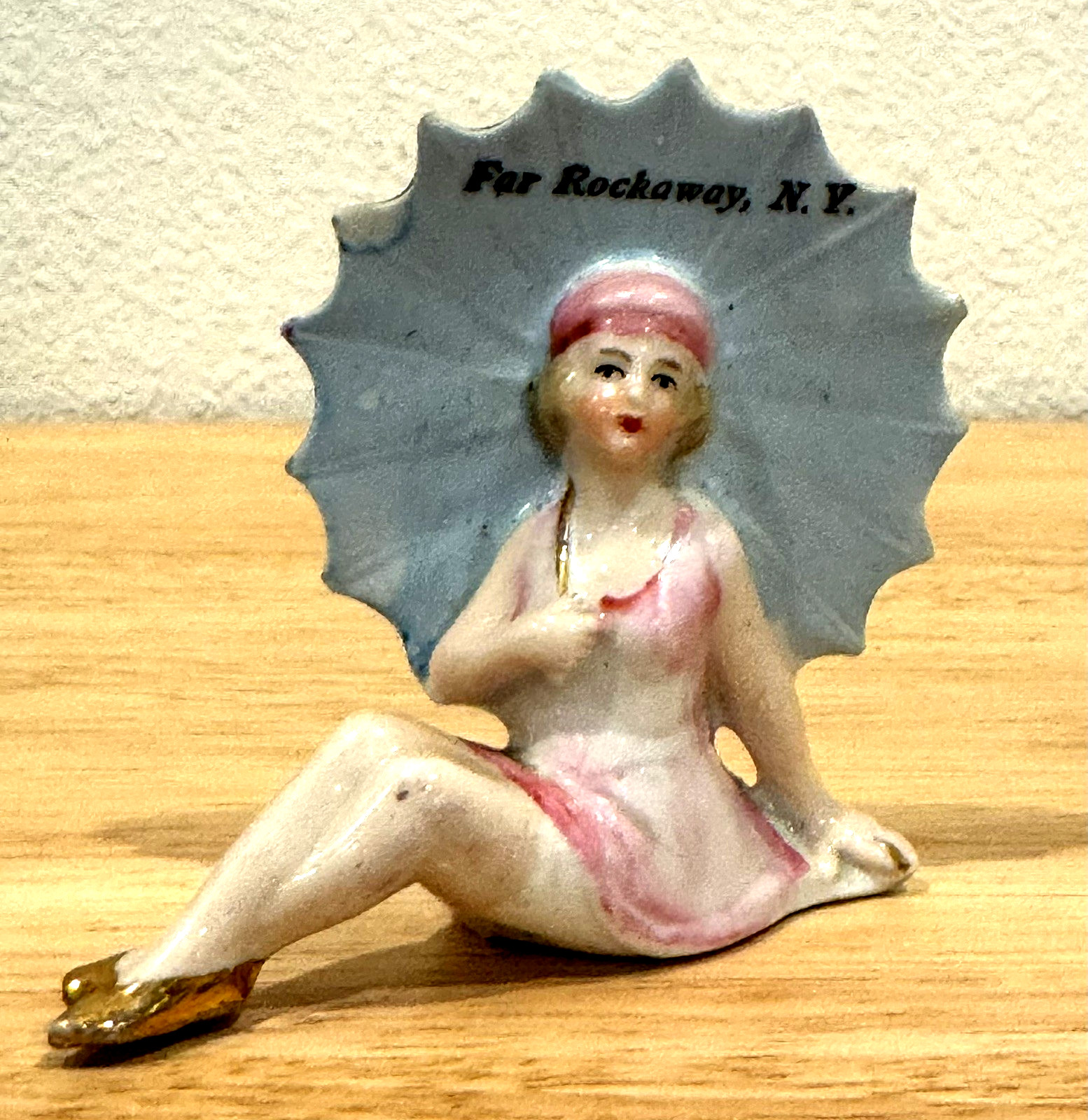 Antique German Flapper Girl Bathing Beauty Parasol Rockaway NY Souvenir Figurine Antique German Flapper Girl Bathing Beauty Parasol Rockaway NY Souvenir Figurine