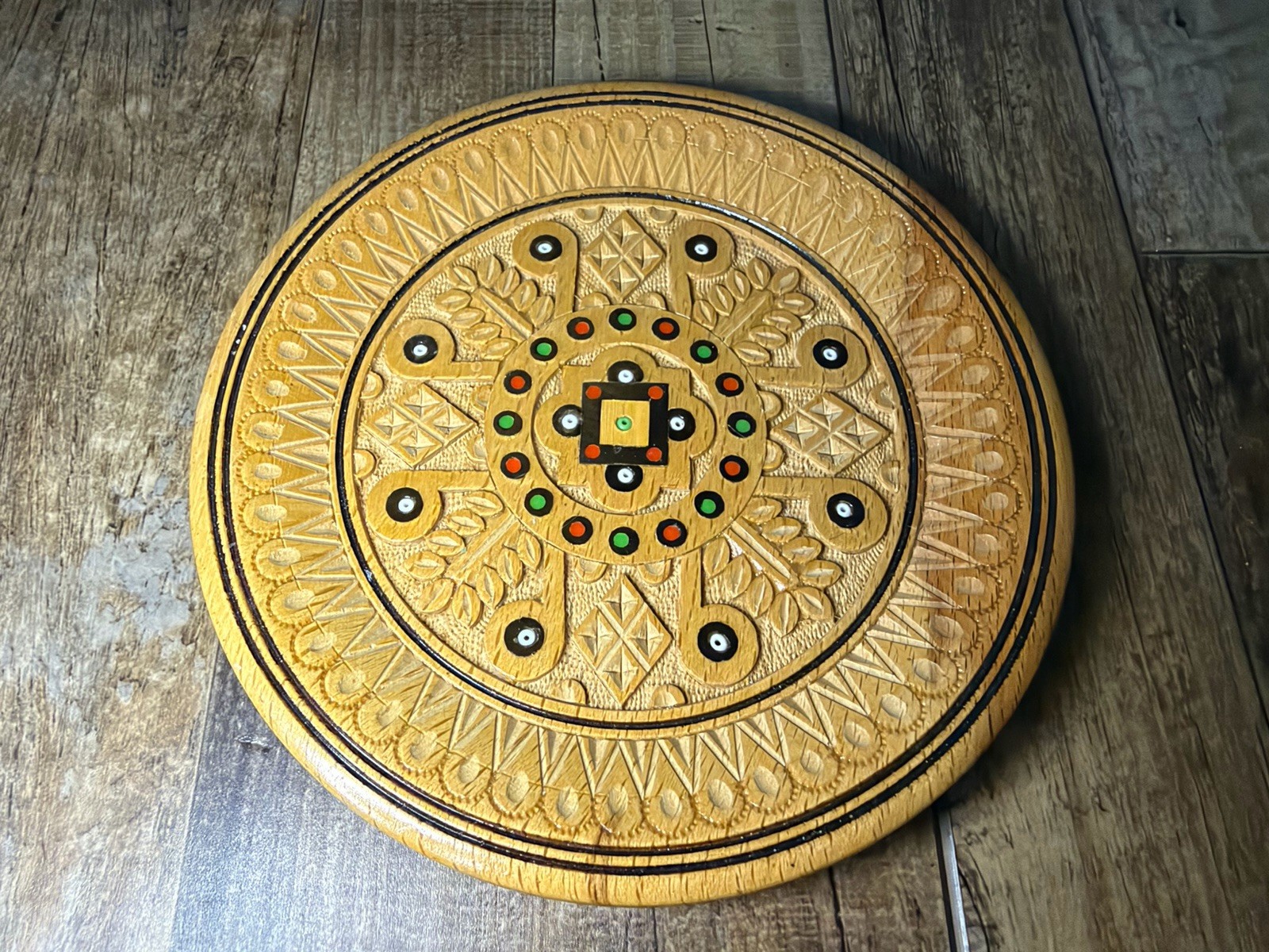 Vintage 1980s Ukrainian Hutsul Carved Wood Folk Art Plate 5”