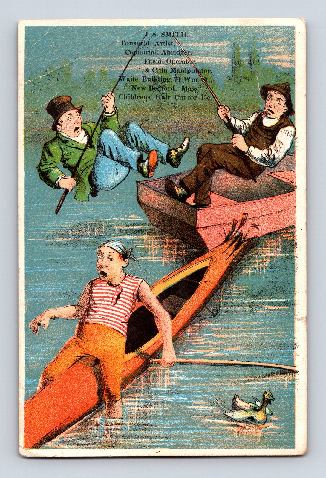 Rowboat Canoe Accident Men Fishing Comedian? New Bedford MA Victorian Trade Card