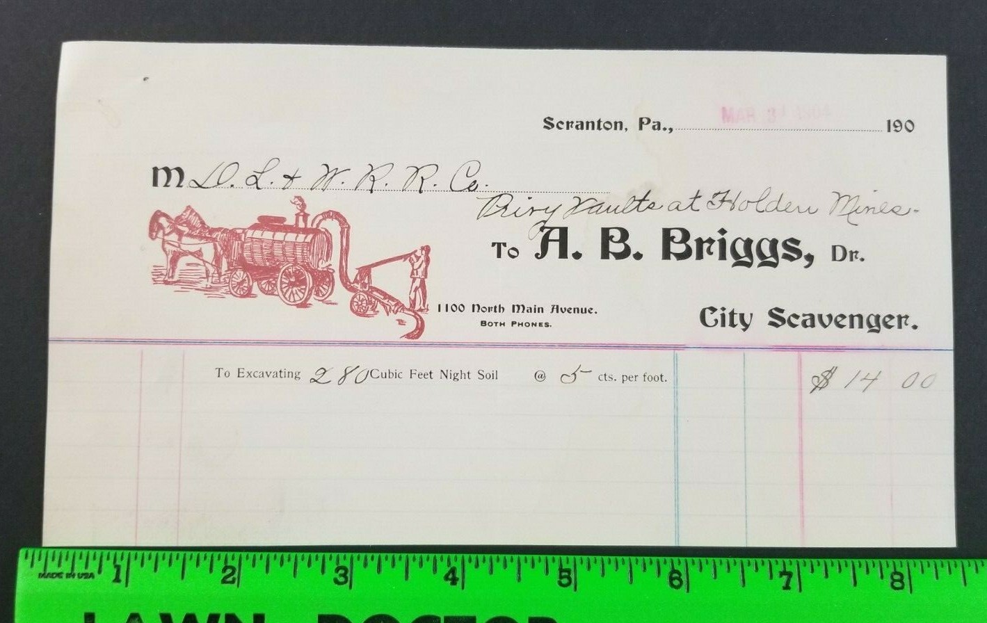 Vintage 1904 City Scavenger Dirt Trash Dead Animal Pick Up Scranton PA Billhead