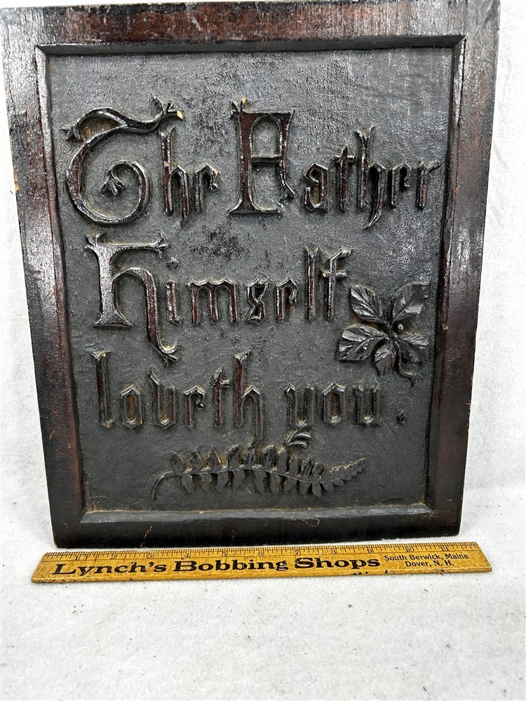 antique wall plaque carved Christian saying The Father Himself Loveth You 1800 antique wall plaque carved Christian saying The Father Himself Loveth You 1800