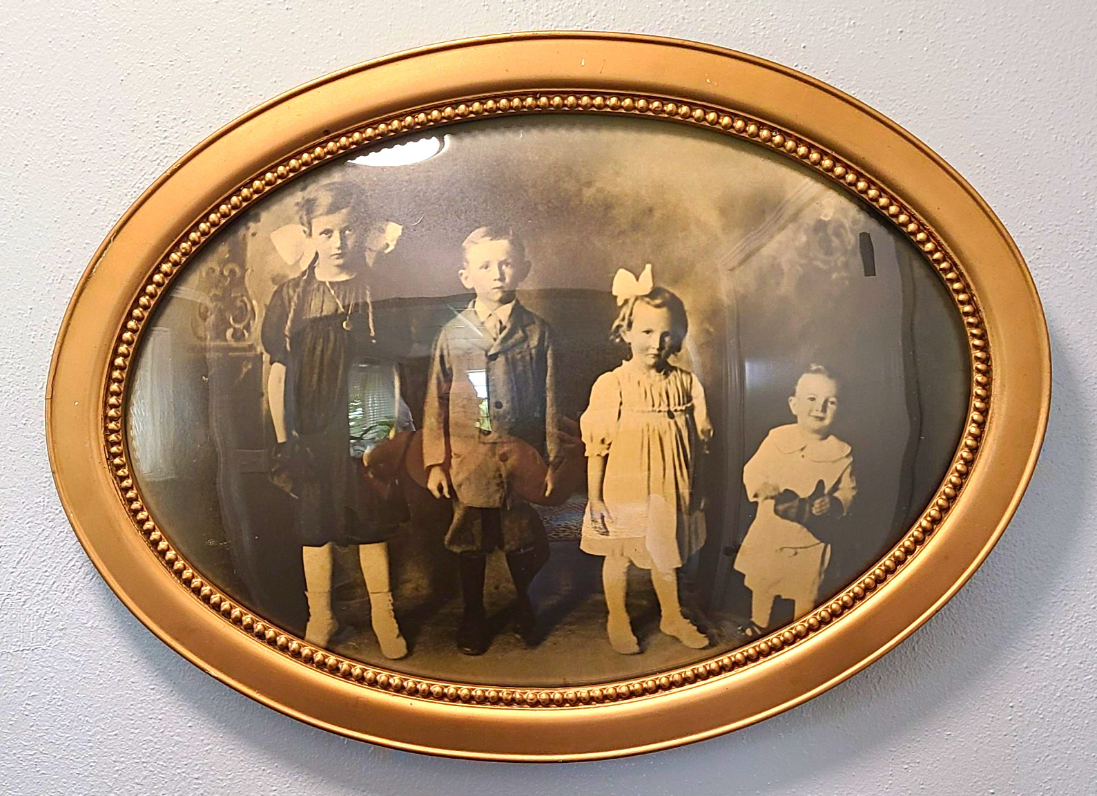 Antique Bubble Convex Glass Wood Frame Picture 19th Century Children 16 x 22 Antique Bubble Convex Glass Wood Frame Picture 19th Century Children 16 x 22