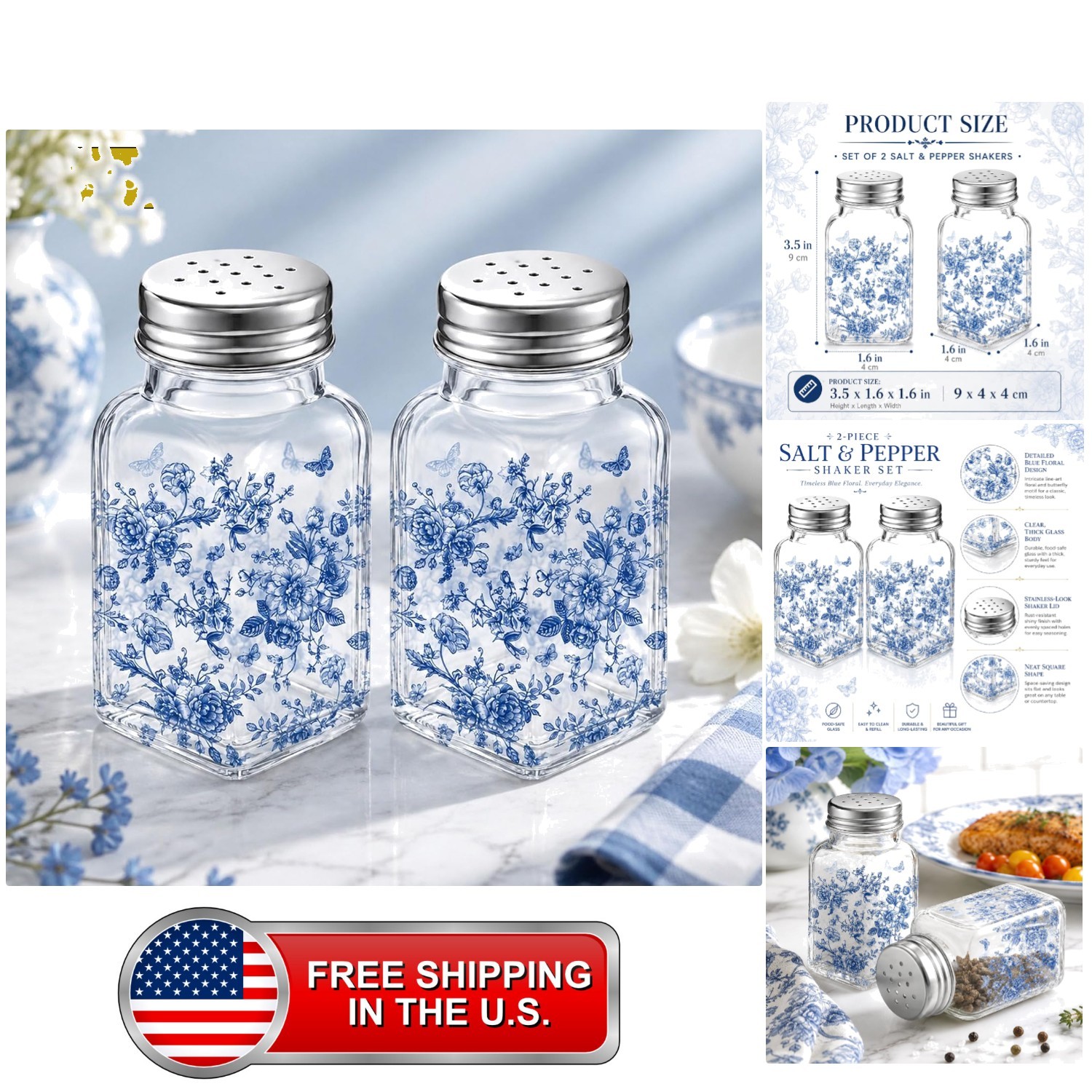 Salt and Pepper Shakers Set, Blue Chinoiserie Floral Toile Salt and Pepper Shakers Set, Blue Chinoiserie Floral Toile