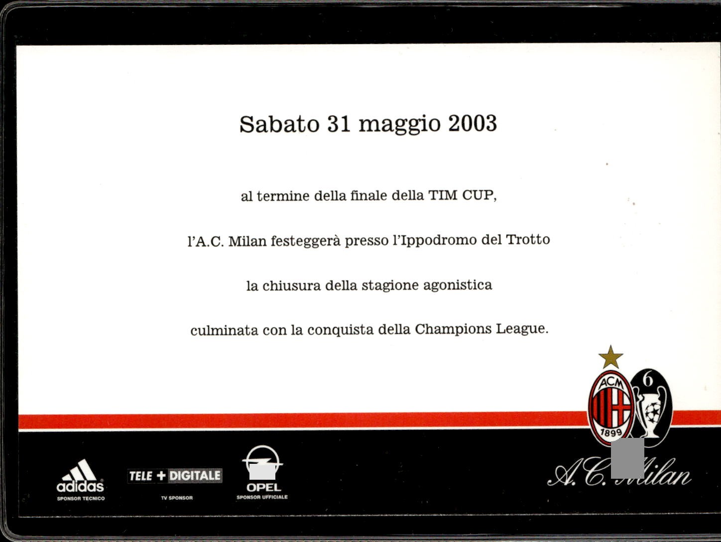 postcard football Milan invitation party champions 2003