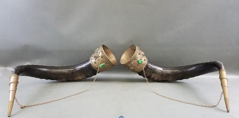 Pair of  large Caucasian ceremonial drinking horns with ornate metal mounts