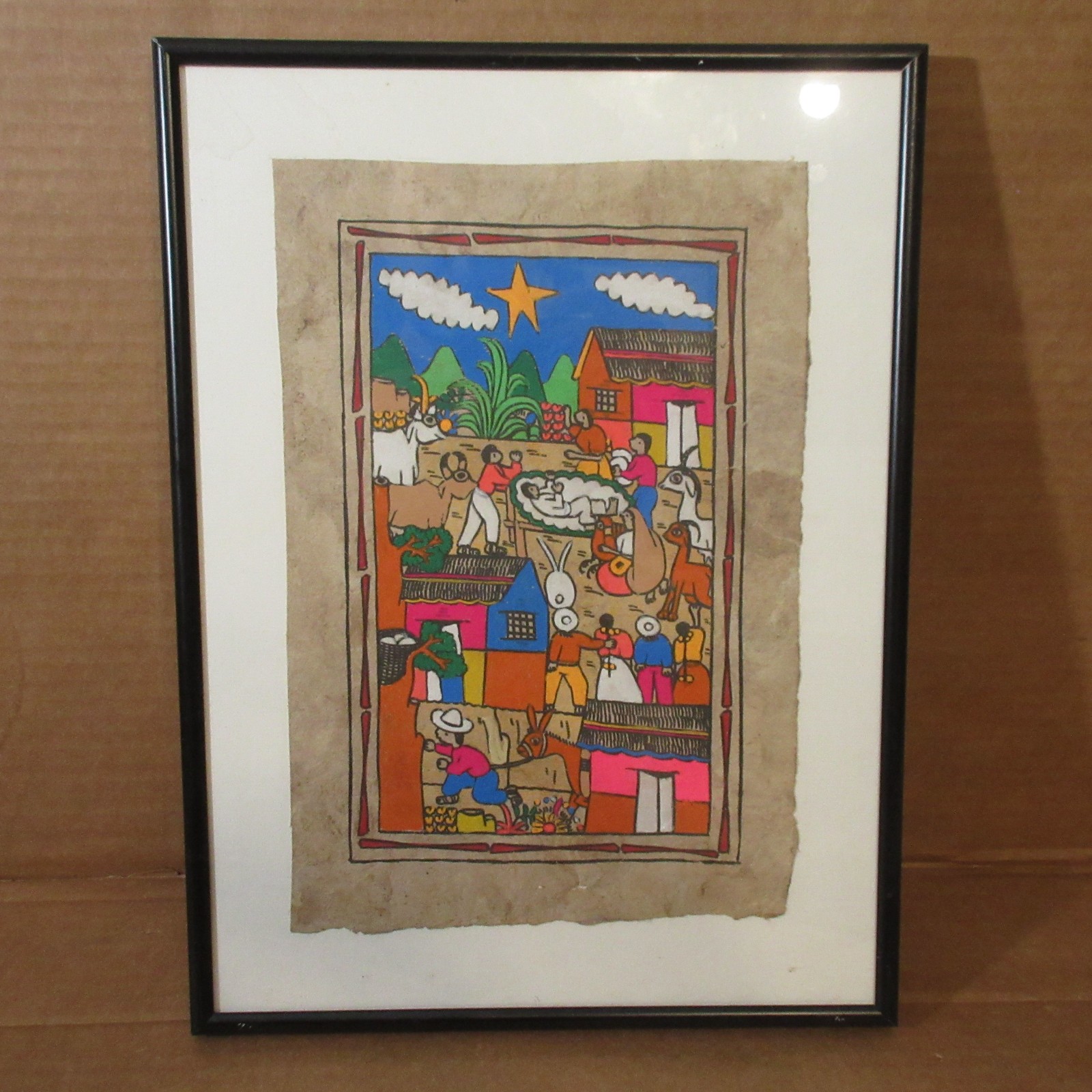Vtg Framed 11x15 Painting Mexican Amate Bark Folk Art Rural Farm Village Scene