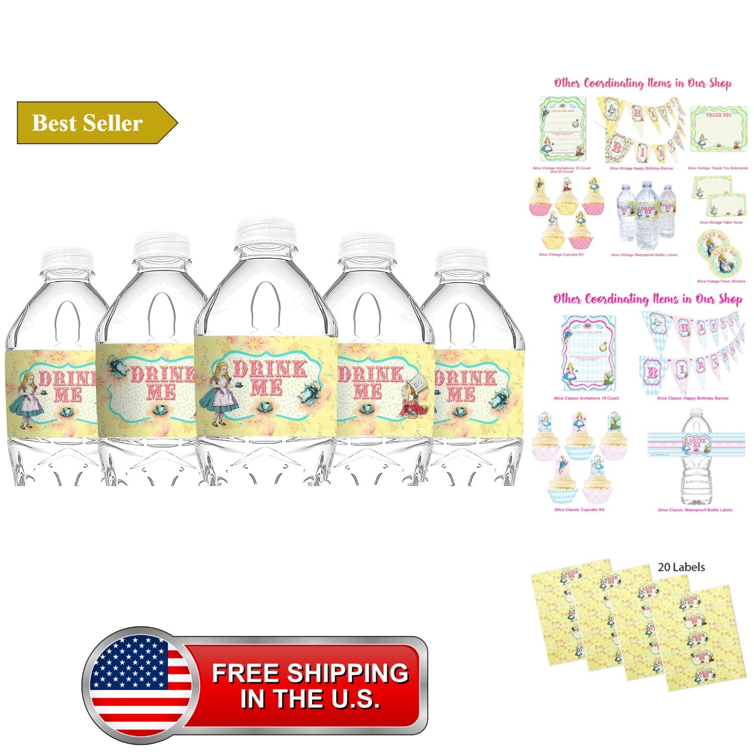 Alice in Wonderland Bottle Wraps - 20 Alice Water Bottle Labels - Made in the Alice in Wonderland Bottle Wraps - 20 Alice Water Bottle Labels - Made in the