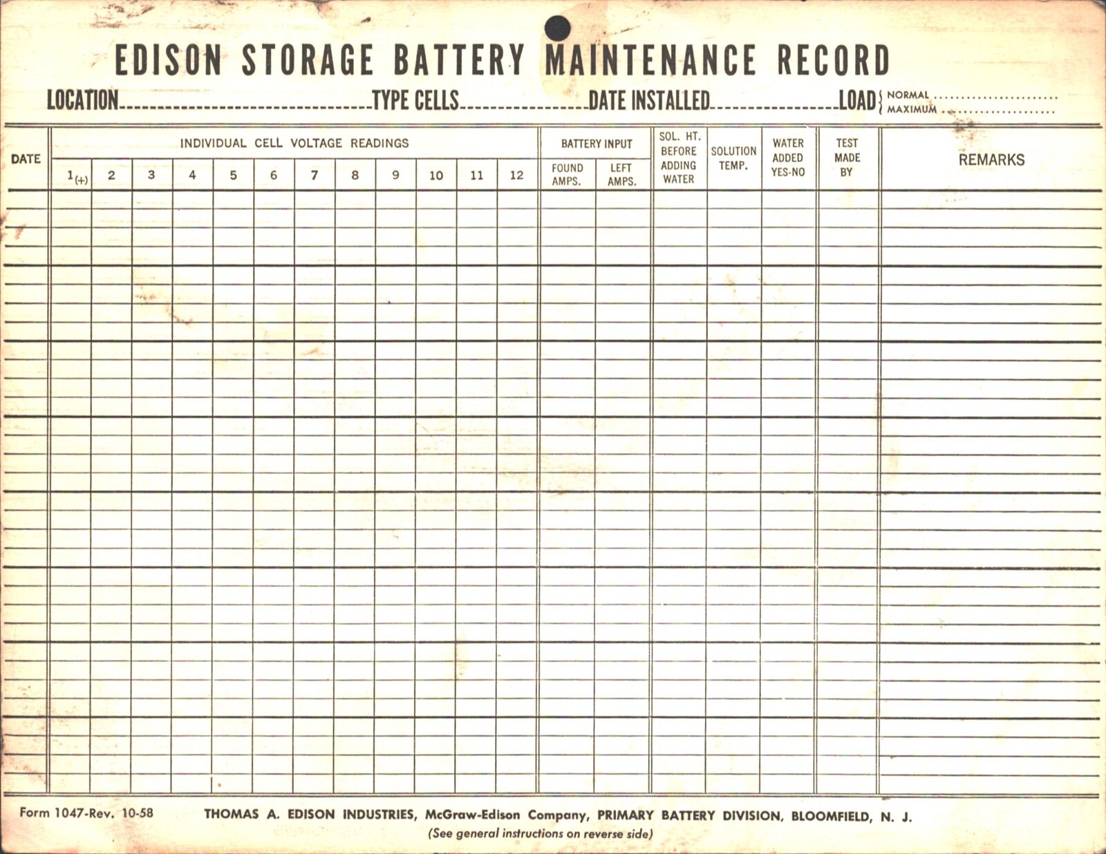 1958 THOMAS A. EDISON STORAGE BATTERY COMPANY unused maintenance record log card