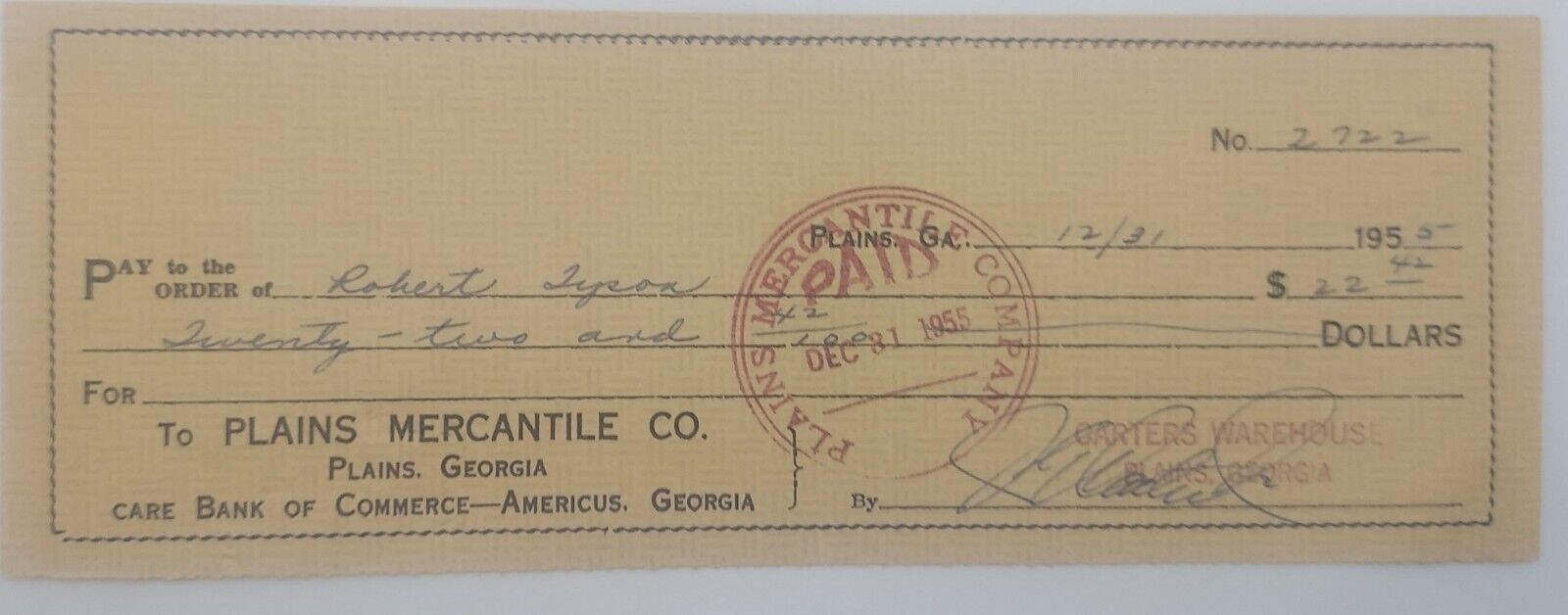Early Jimmy Carter Signed Plains Warehouse Business Check