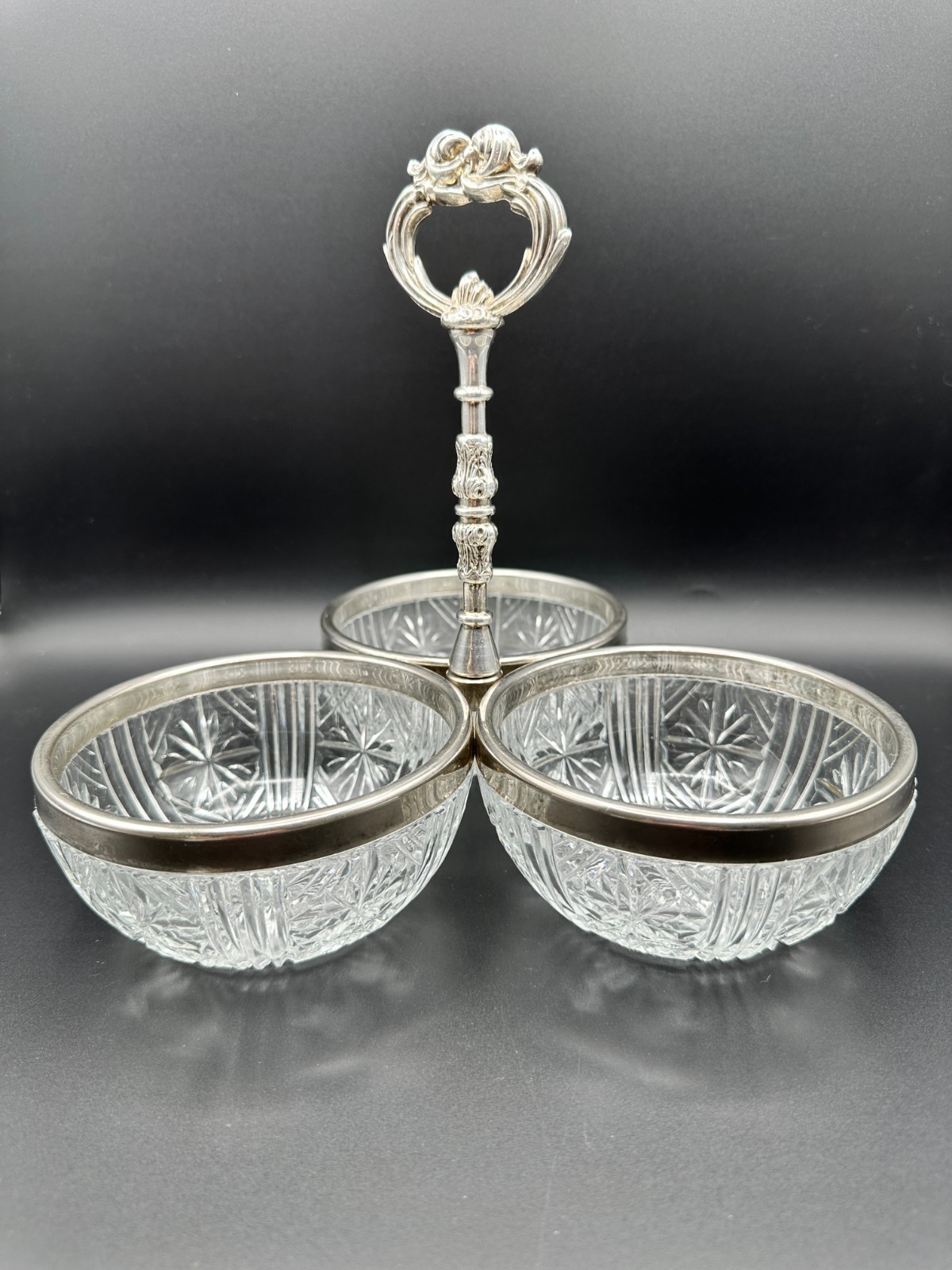 Vintage Sheridan Silverplate & Cut Glass 3 Bowl Relish/Condiment Server Vintage Sheridan Silverplate & Cut Glass 3 Bowl Relish/Condiment Server