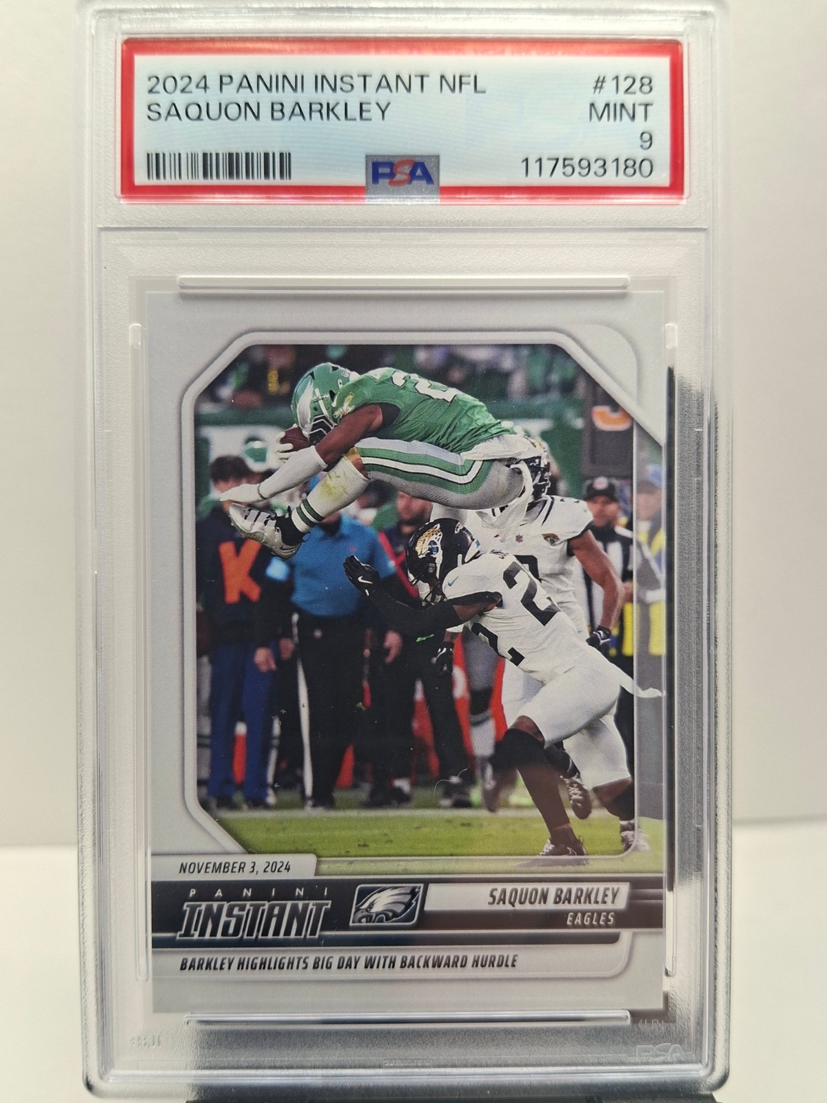 2024 Saquon Barkley, Panini, Instant NFL, Backwards Hurdle, 01/884, #128 2024 Saquon Barkley, Panini, Instant NFL, Backwards Hurdle, 01/884, #128