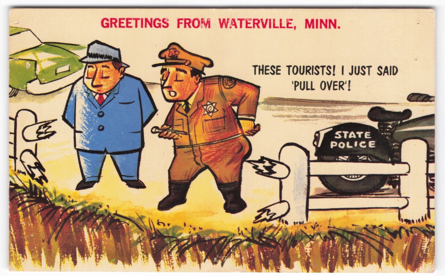 Waterville, Minn. State Police Tourist Cartoon Postcard Lamac Art Waterville, Minn. State Police Tourist Cartoon Postcard Lamac Art