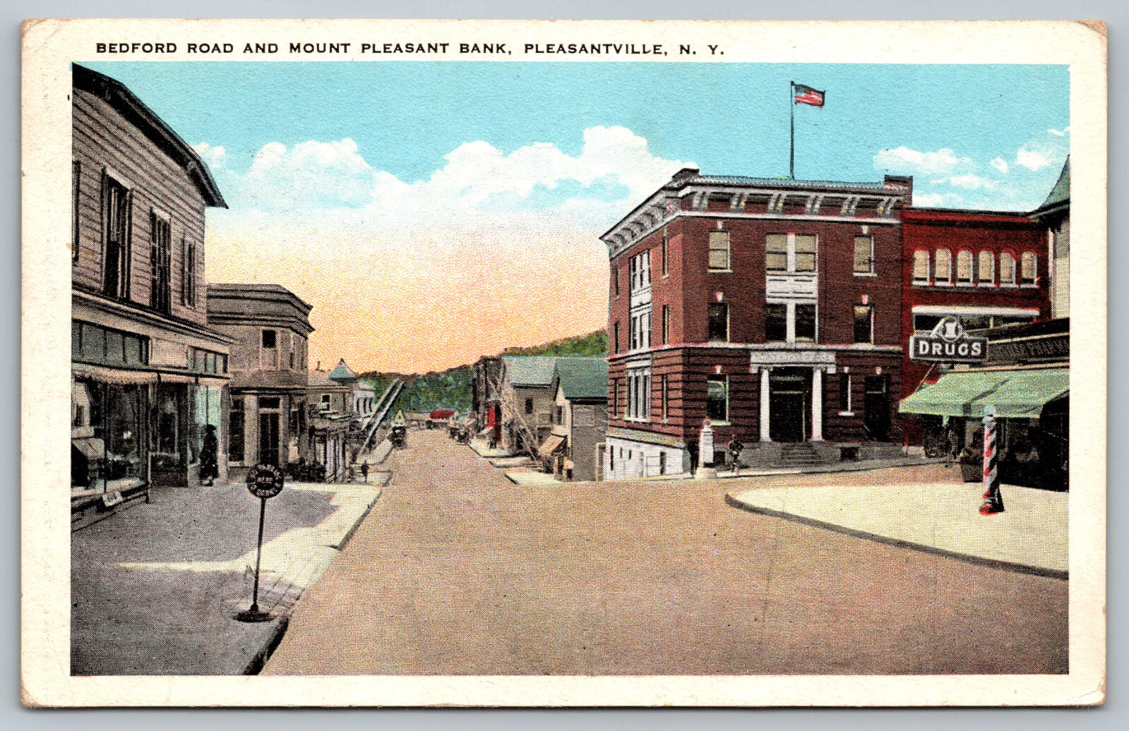 Postcard Bedford Road & Mount Pleasant Bank Pleasantville New York Main St Drugs