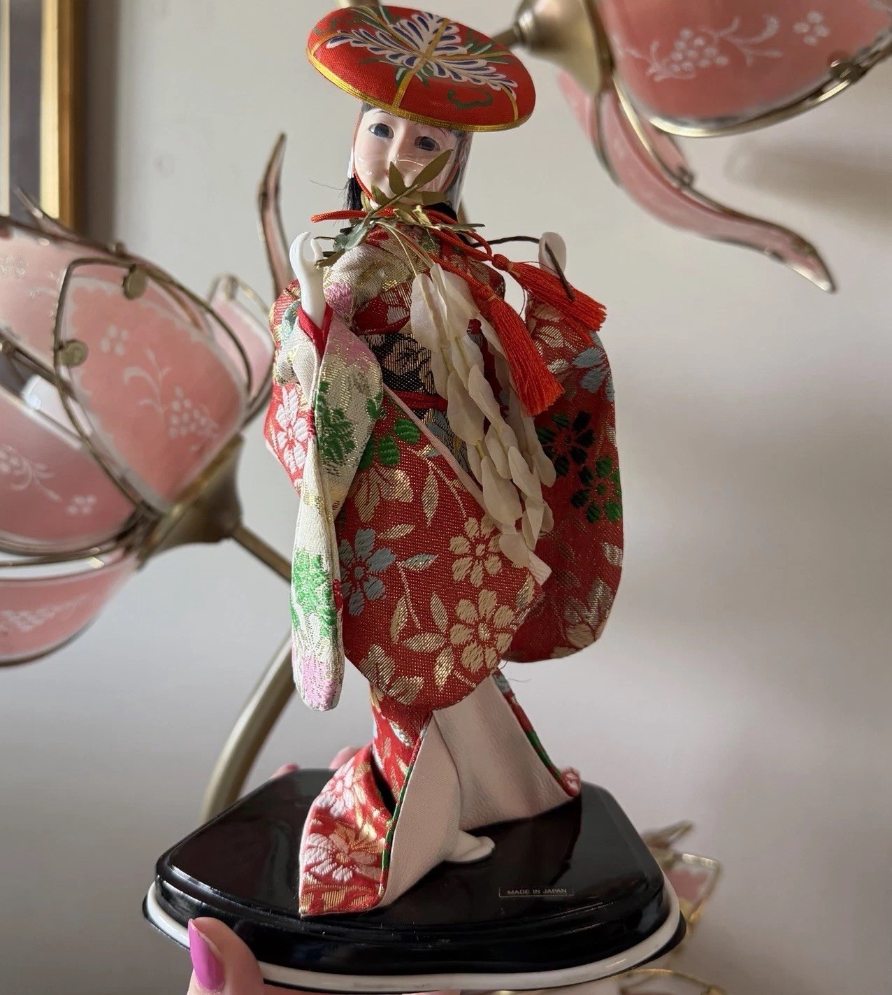 Vintage Japanese Kimono Doll Figurine Red Floral Outfit Hat on Black Base Vintage Japanese Kimono Doll Figurine Red Floral Outfit Hat on Black Base