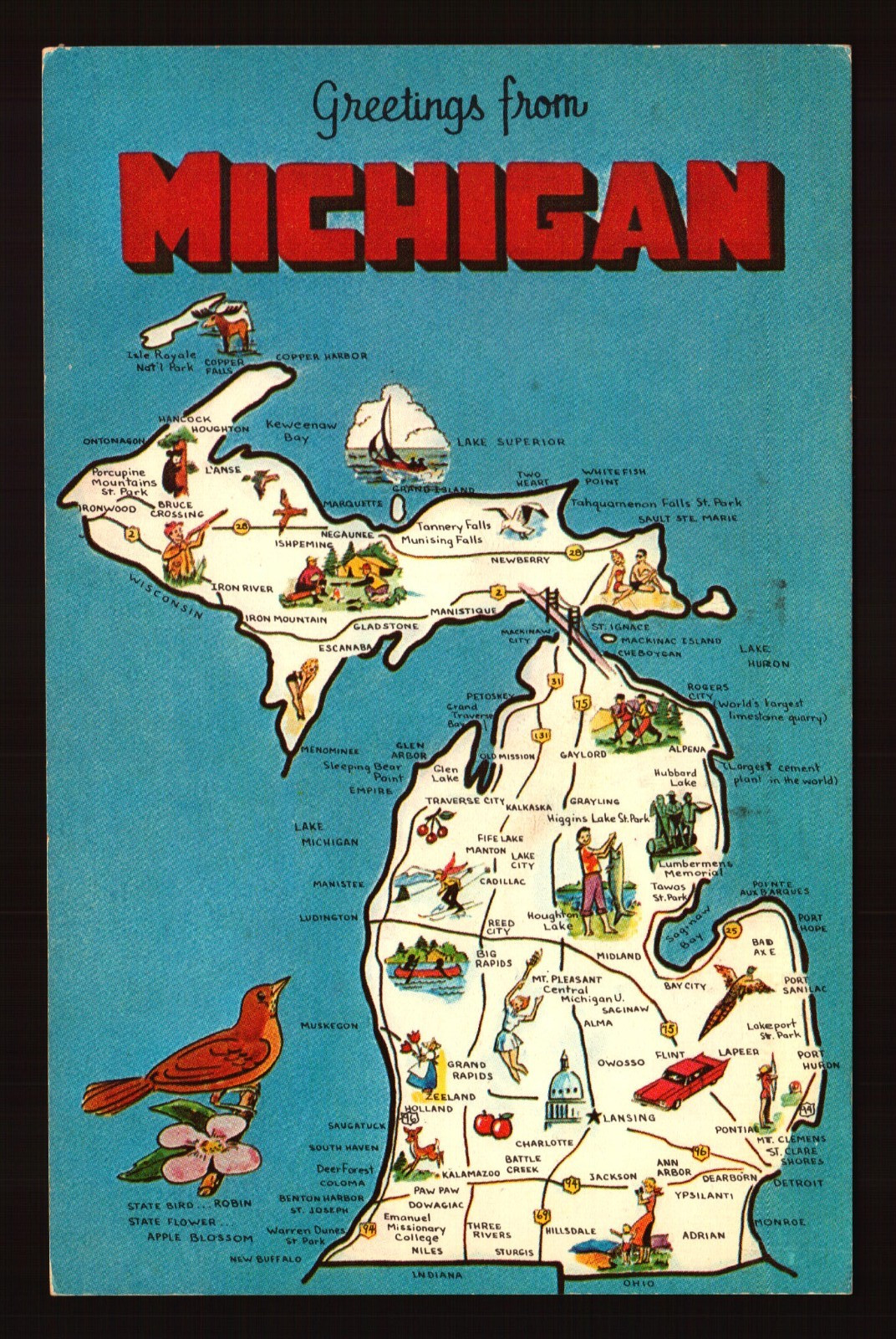 POSTCARD : MICHIGAN - MI - GREETINGS FROM MAP 1961