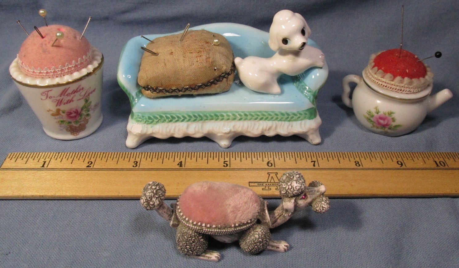LOT of 4 Vintage Sewing PIN CUSHIONS ~ Florenza Poodles Porcelain Teapot Mother