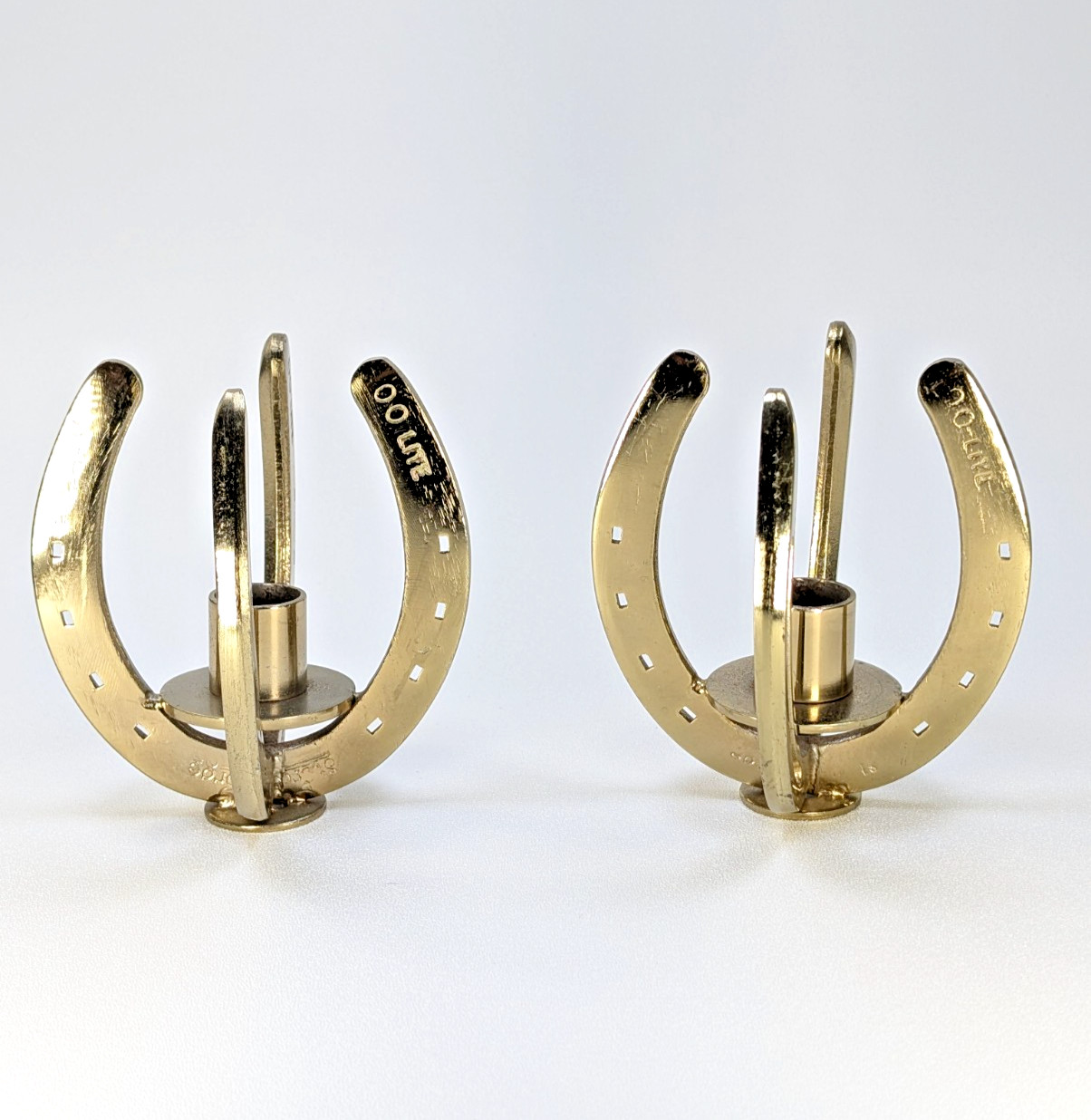 Pair Brass Steel Horseshoe Candle Holders Gold Equestrian Farm Western USA Made Pair Brass Steel Horseshoe Candle Holders Gold Equestrian Farm Western USA Made
