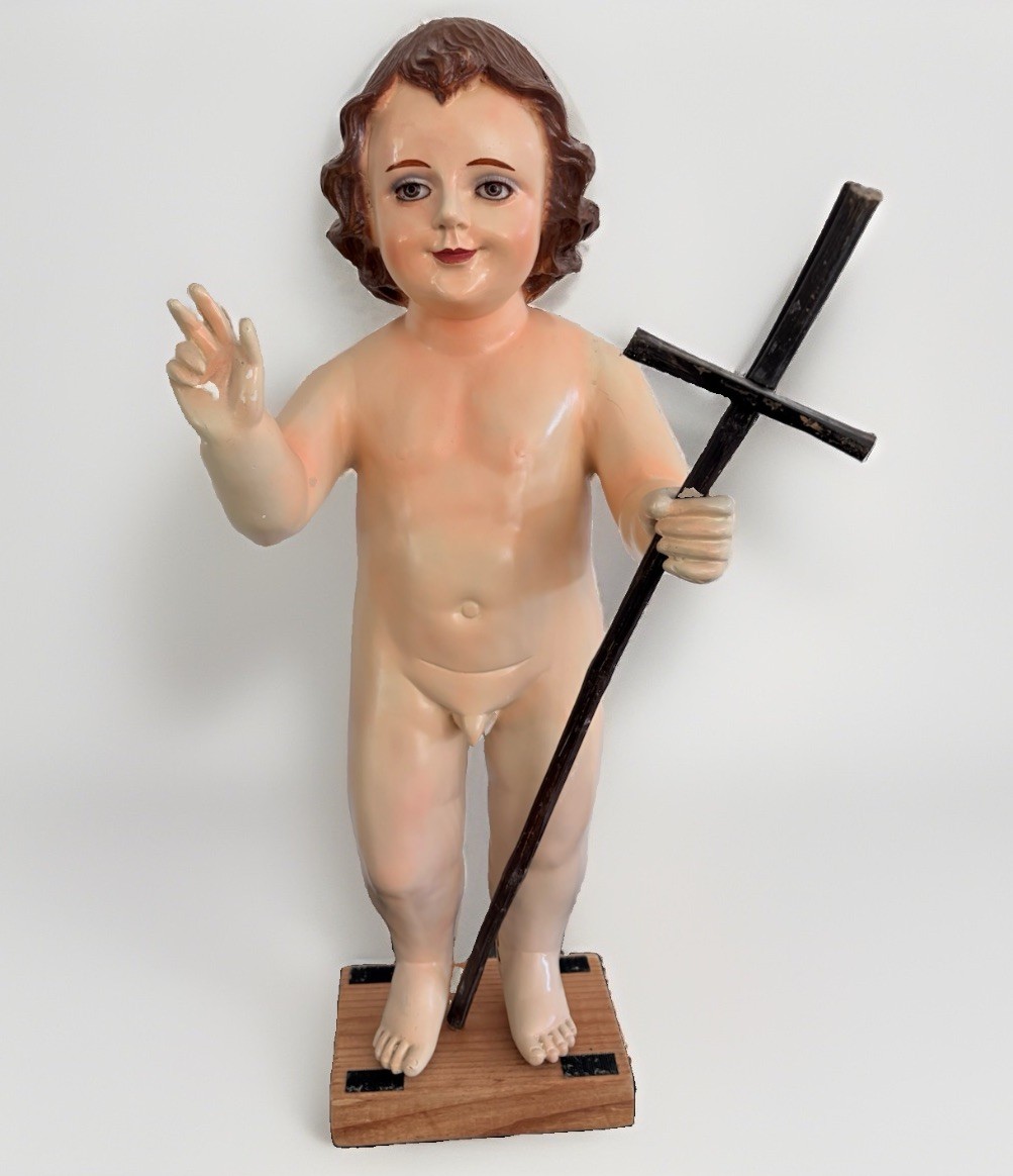 Vintage 25” Infant Jesus Statue w/ Cross Plaster Applied Lashes Religious Oddity Vintage 25” Infant Jesus Statue w/ Cross Plaster Applied Lashes Religious Oddity