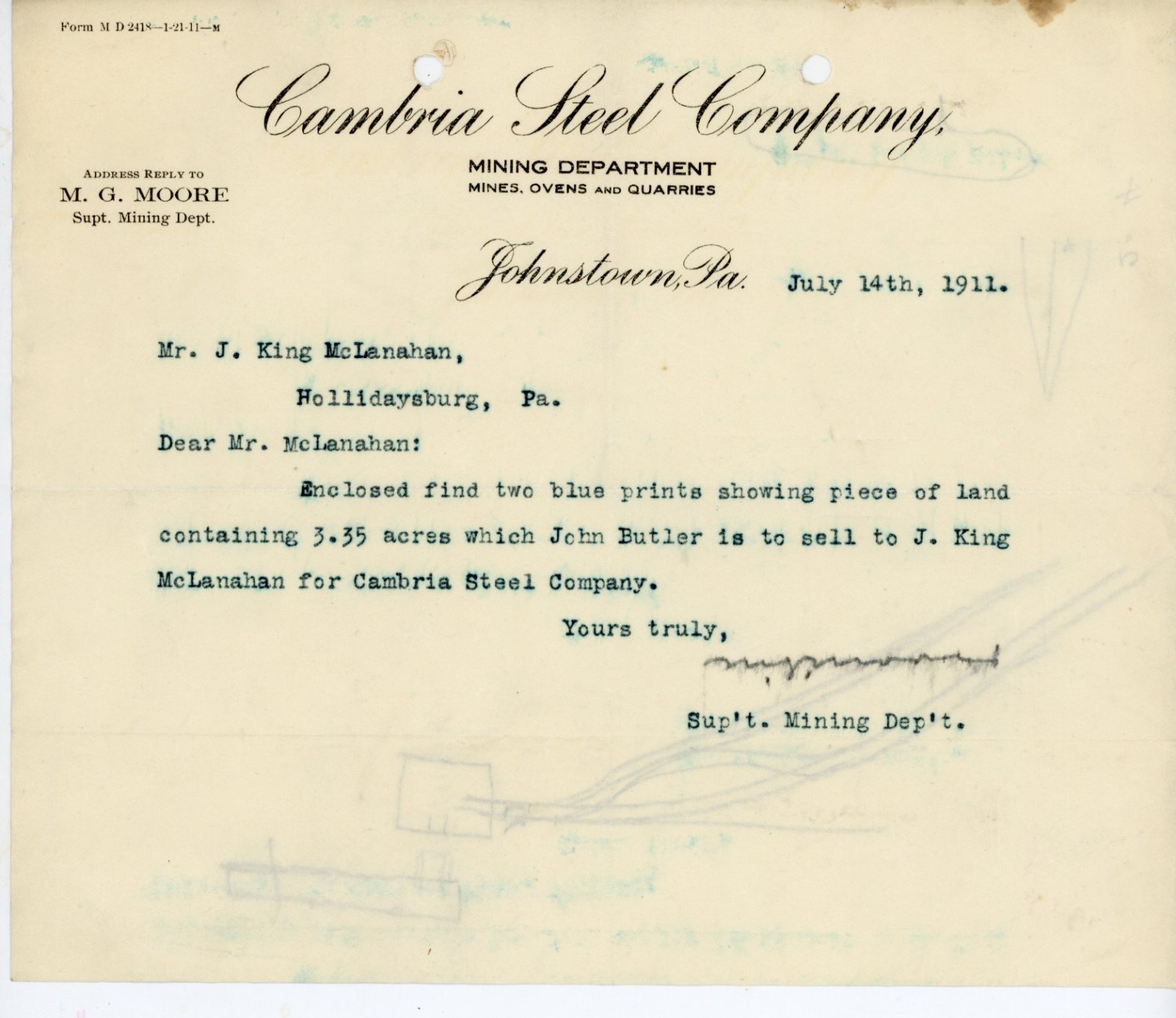 1911 Cambria Steel Company Letterhead Johnstown PA Mining Dept J King McLanahan 1911 Cambria Steel Company Letterhead Johnstown PA Mining Dept J King McLanahan
