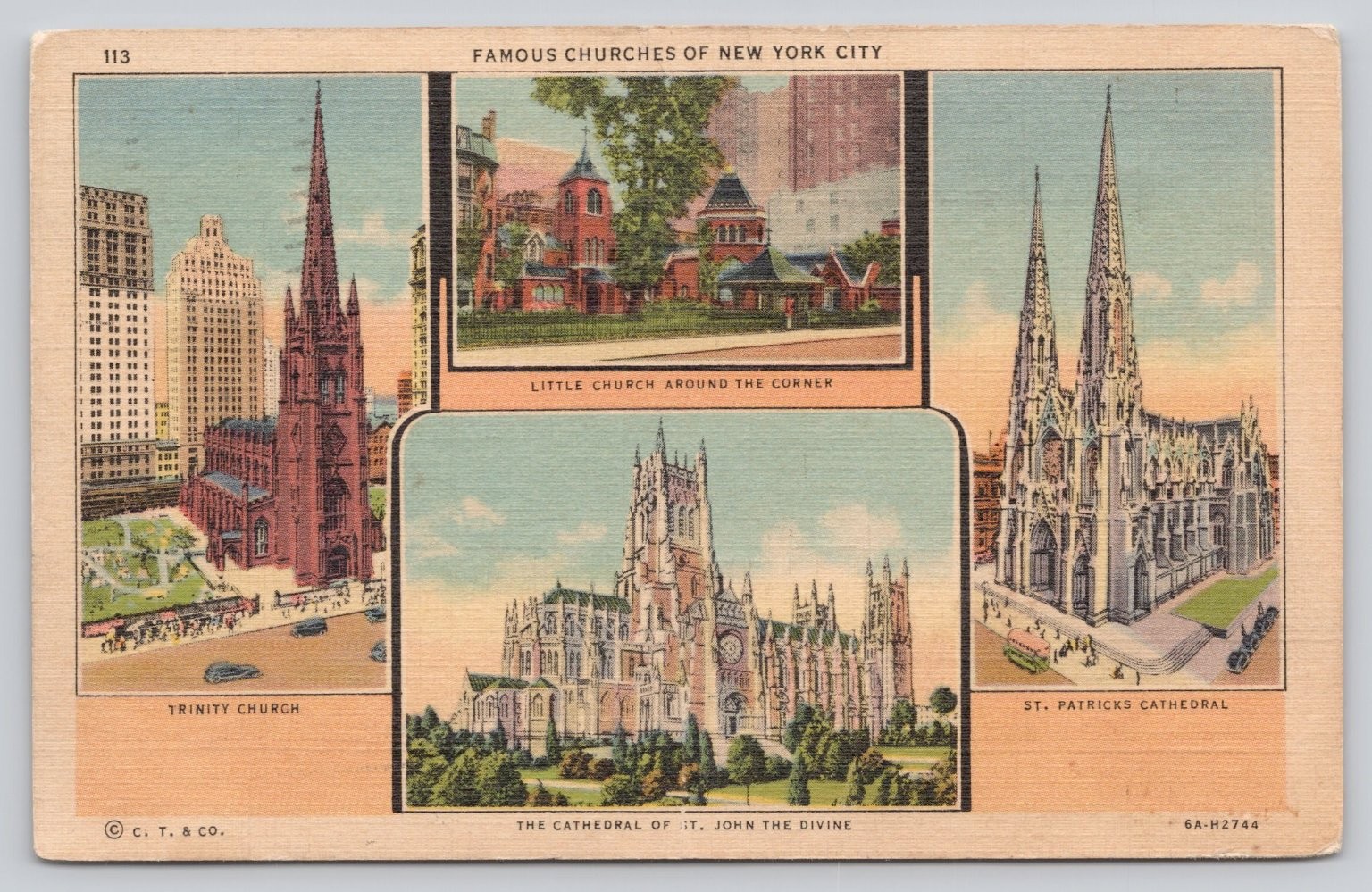 1938 NYC Famous Churches Postcard - Trinity, St. Patrick's, St. John the Divine