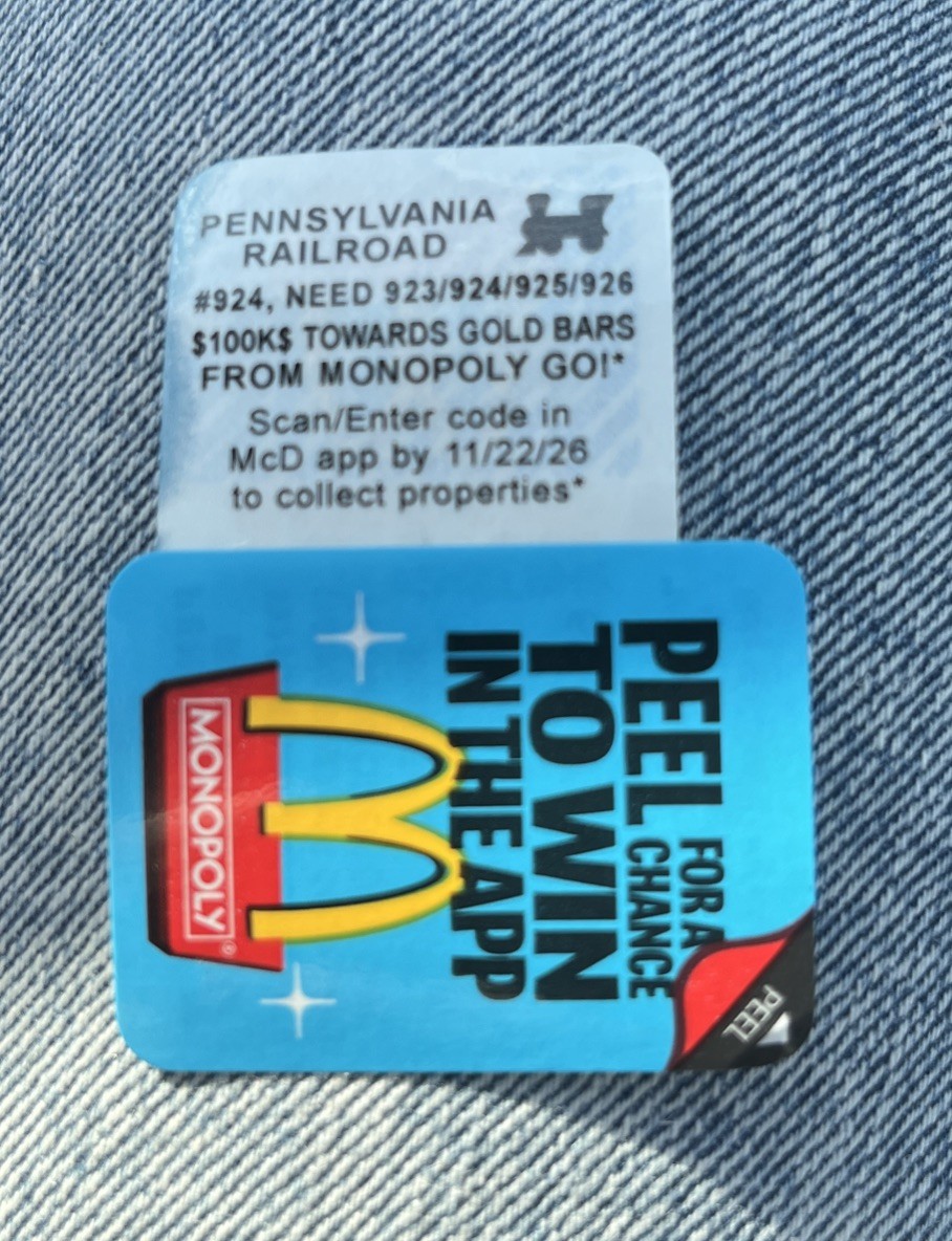 2026 McDonald\'s Monopoly Pennsylvania Railroad UNREDEEMED 2026 McDonald\'s Monopoly Pennsylvania Railroad UNREDEEMED
