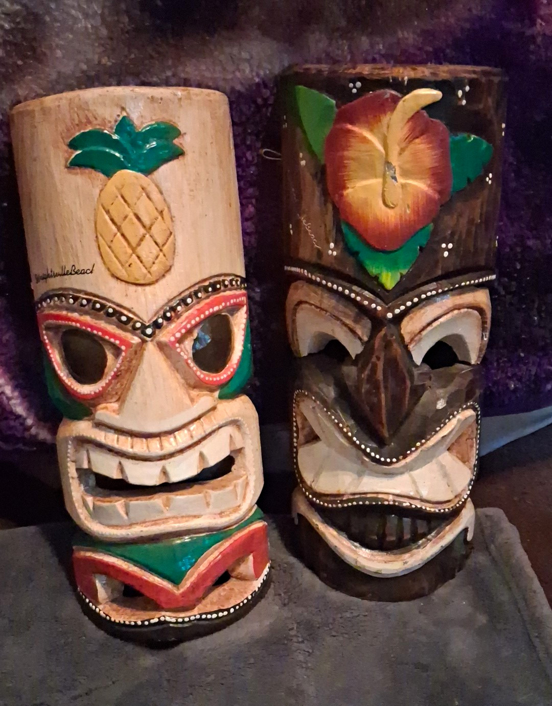 Handmade Hawaiian Tiki Masks Pair, Hand-Carved Painted Decorative Set Handmade Hawaiian Tiki Masks Pair, Hand-Carved Painted Decorative Set