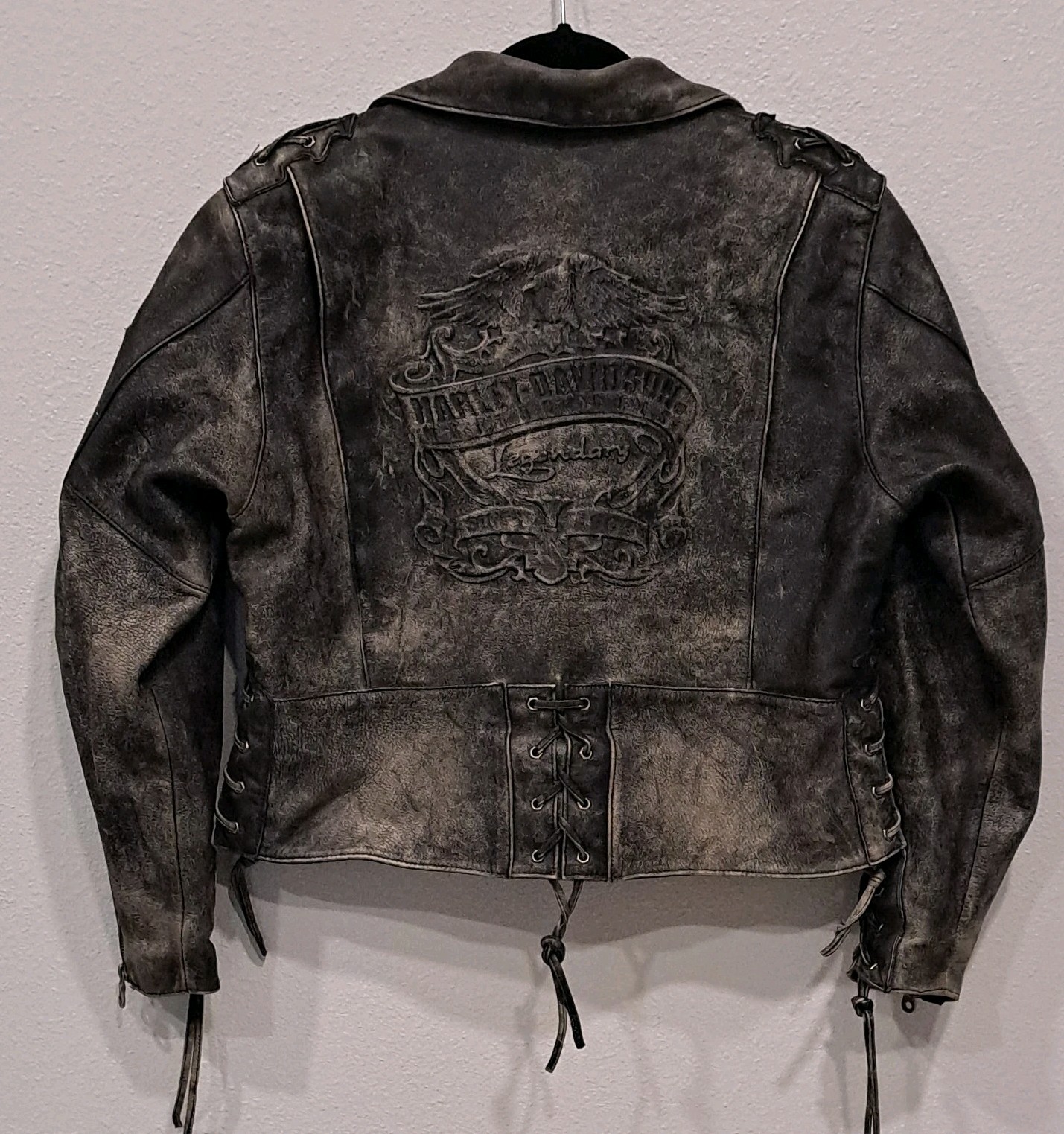 Harley-Davidson Distressed Vtg Women's Leather Jacket Large Black Lace-Up Sides Harley-Davidson Distressed Vtg Women's Leather Jacket Large Black Lace-Up Sides