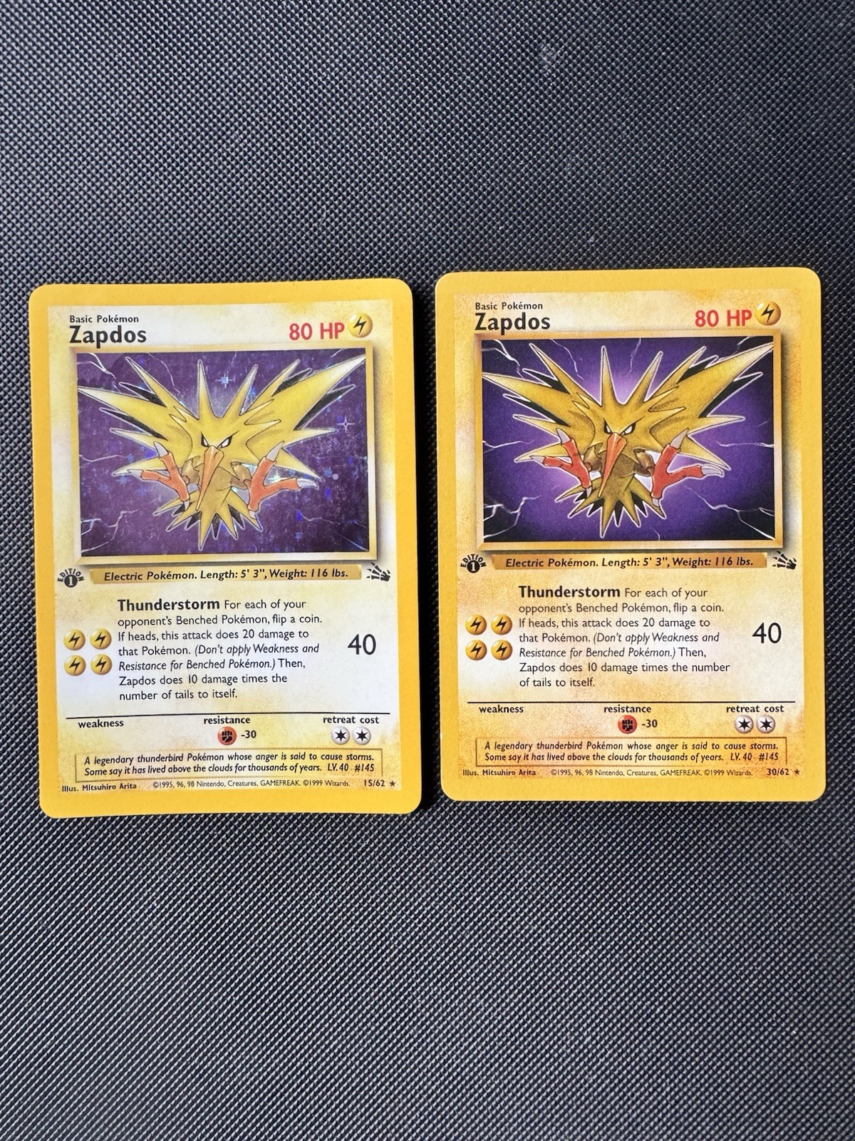 Pokémon TCG Zapdos Fossil Holo Card 15/62 30/62 Vintage 1999 WOTC 1st Edition Pokémon TCG Zapdos Fossil Holo Card 15/62 30/62 Vintage 1999 WOTC 1st Edition