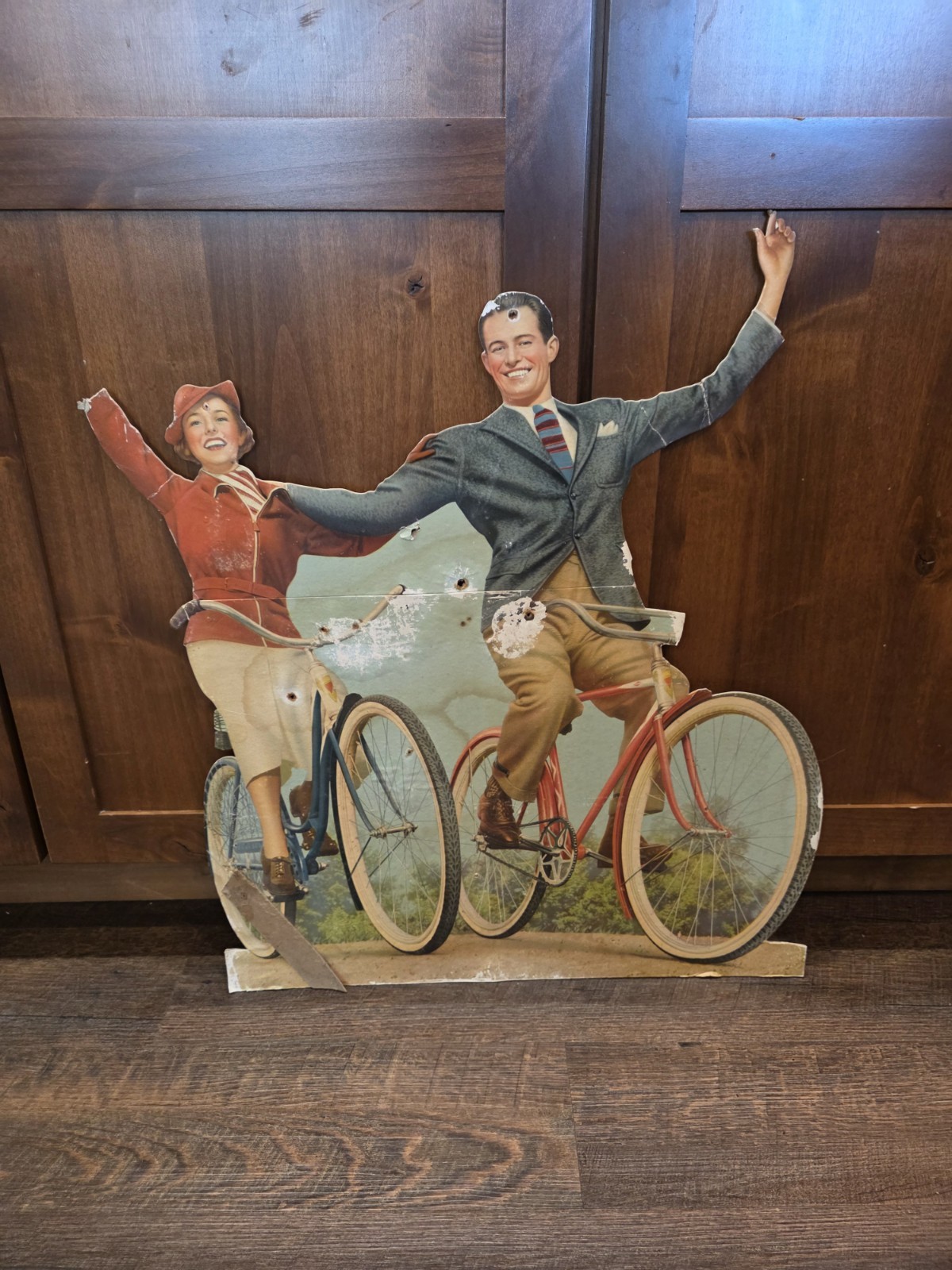 Antique 1930s Balloon Tire Bicycle Store Display Die Cut Cardboard Standee 23x28