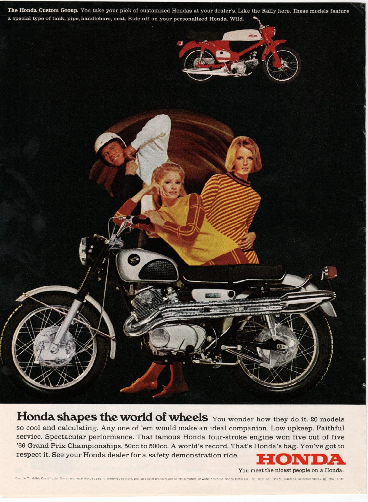 Vintage 1967 Honda Custom Group Motorcycle Ad “Shapes the World of Wheels” Scram