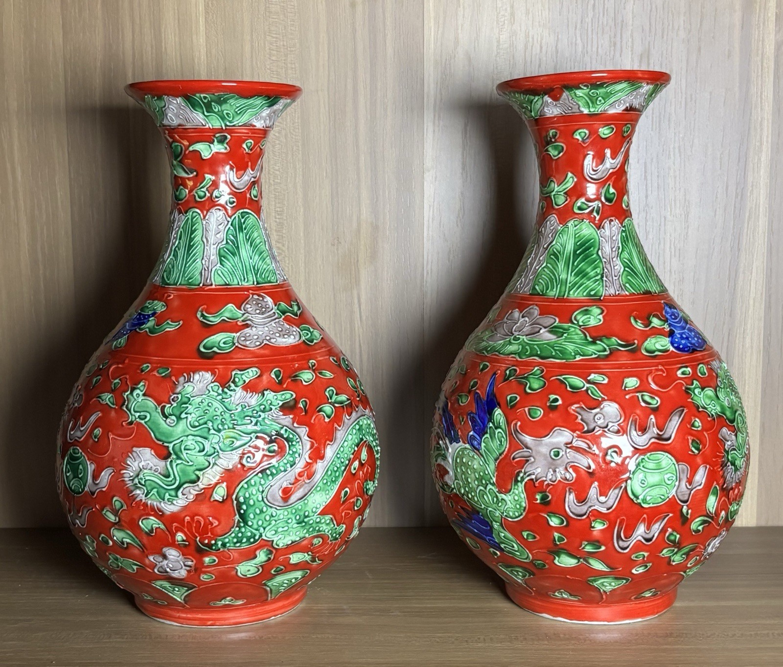 Pair Vintage Chinese Red Glazed Porcelain Dragon Phoenix Vases Hongzhi Mark 11” Pair Vintage Chinese Red Glazed Porcelain Dragon Phoenix Vases Hongzhi Mark 11”