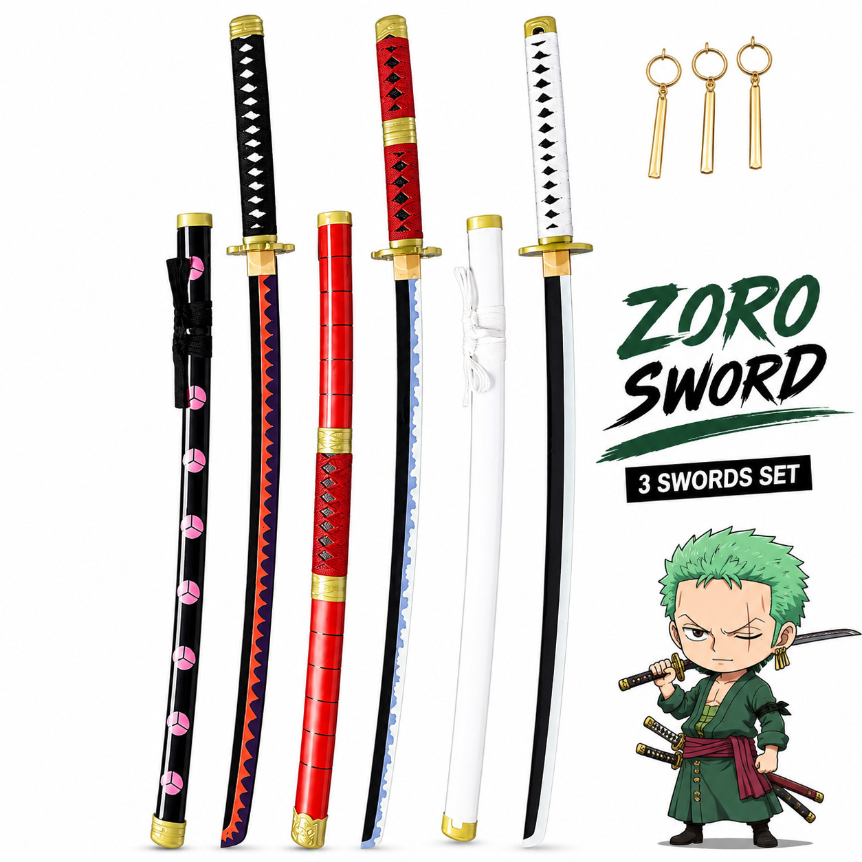 Roronoa Zoro Cosplay Sword Set 3pcs w/ Earrings Katana Replica Anime One Piece J
