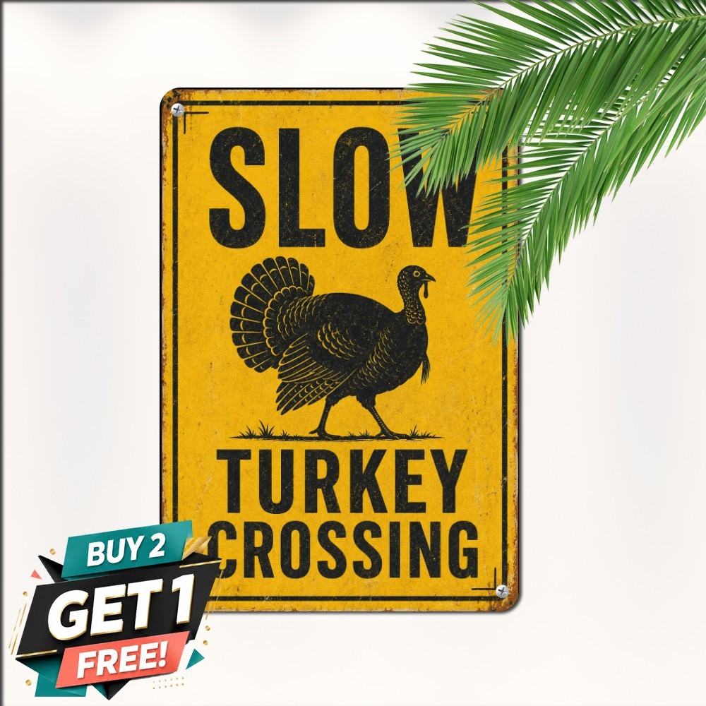 Slow Down Turkey Crossing Warning Sign Farm Yard Caution Metal Tin Plaque