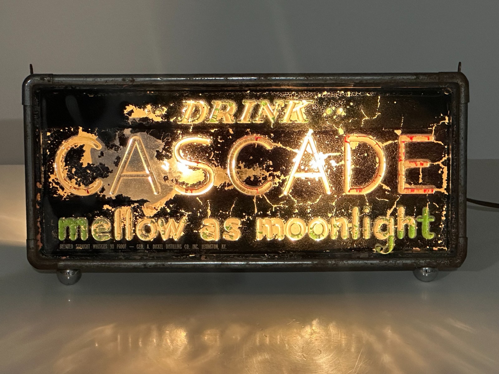 VTG 1930s Cascade Bourbon Whiskey Lighted Embossed Glass Sign Geo. A. Dickel KY