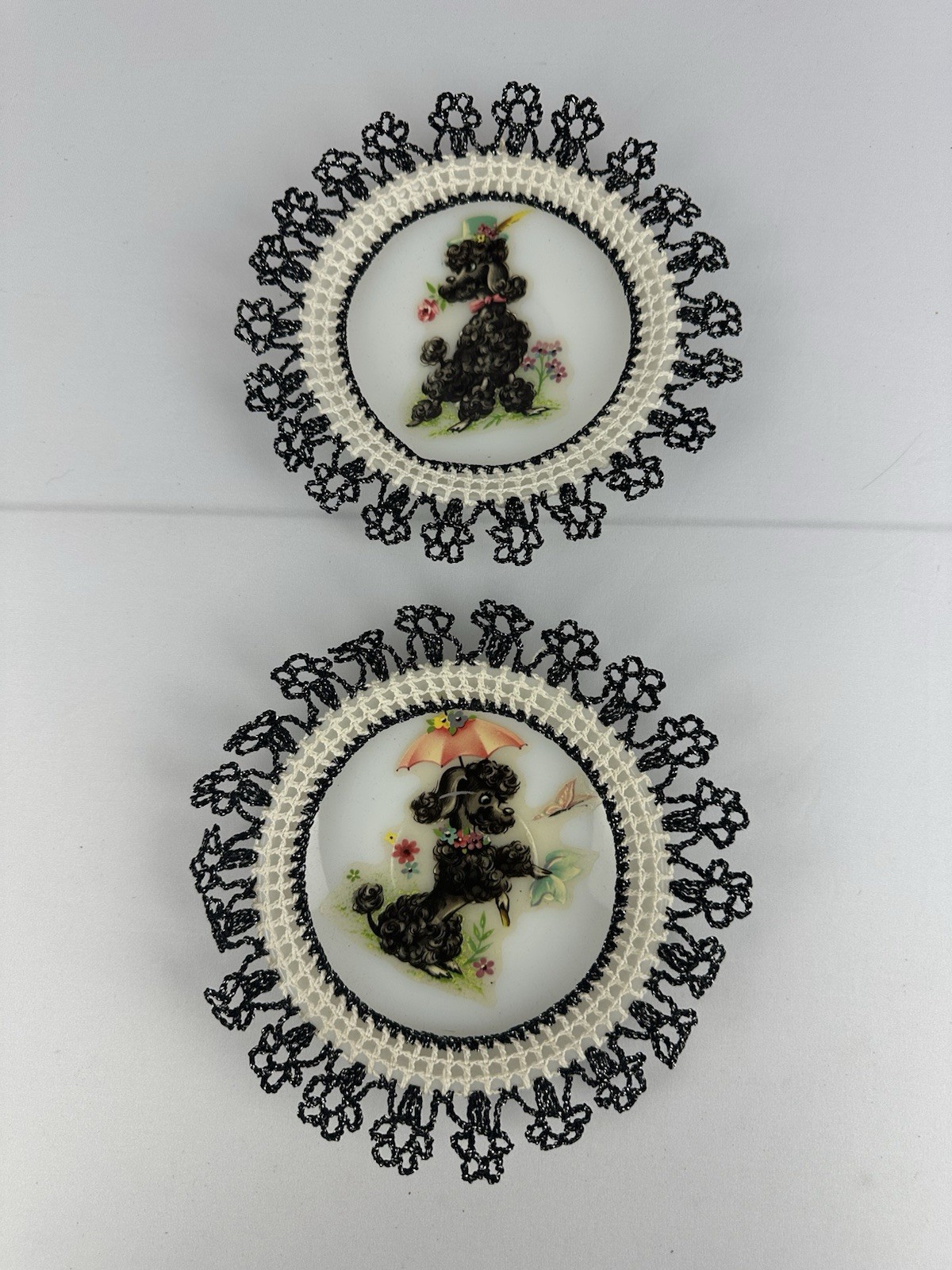 Vintage 1950s Black Poodle Wall Plaques Pair Glass Crochet Paw Trim Vintage 1950s Black Poodle Wall Plaques Pair Glass Crochet Paw Trim