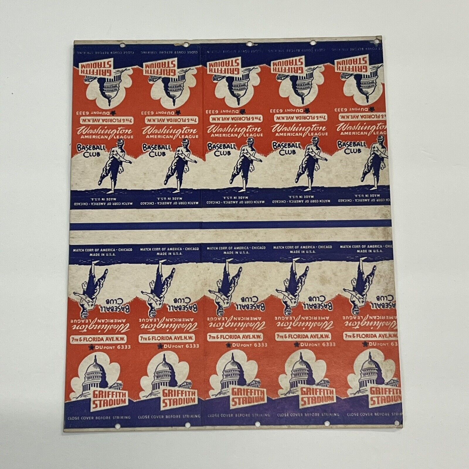 1951 Washington Senators Schedule Uncut Matchbook Covers Baseball Memorabilia