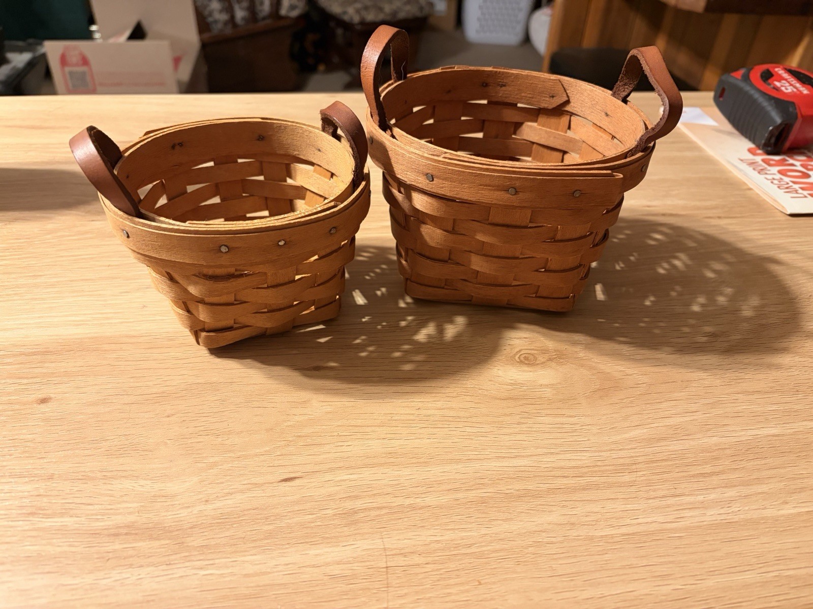 Longaberger Brown Wooden Basket Leather Handles Set Of 2 Longaberger Brown Wooden Basket Leather Handles Set Of 2