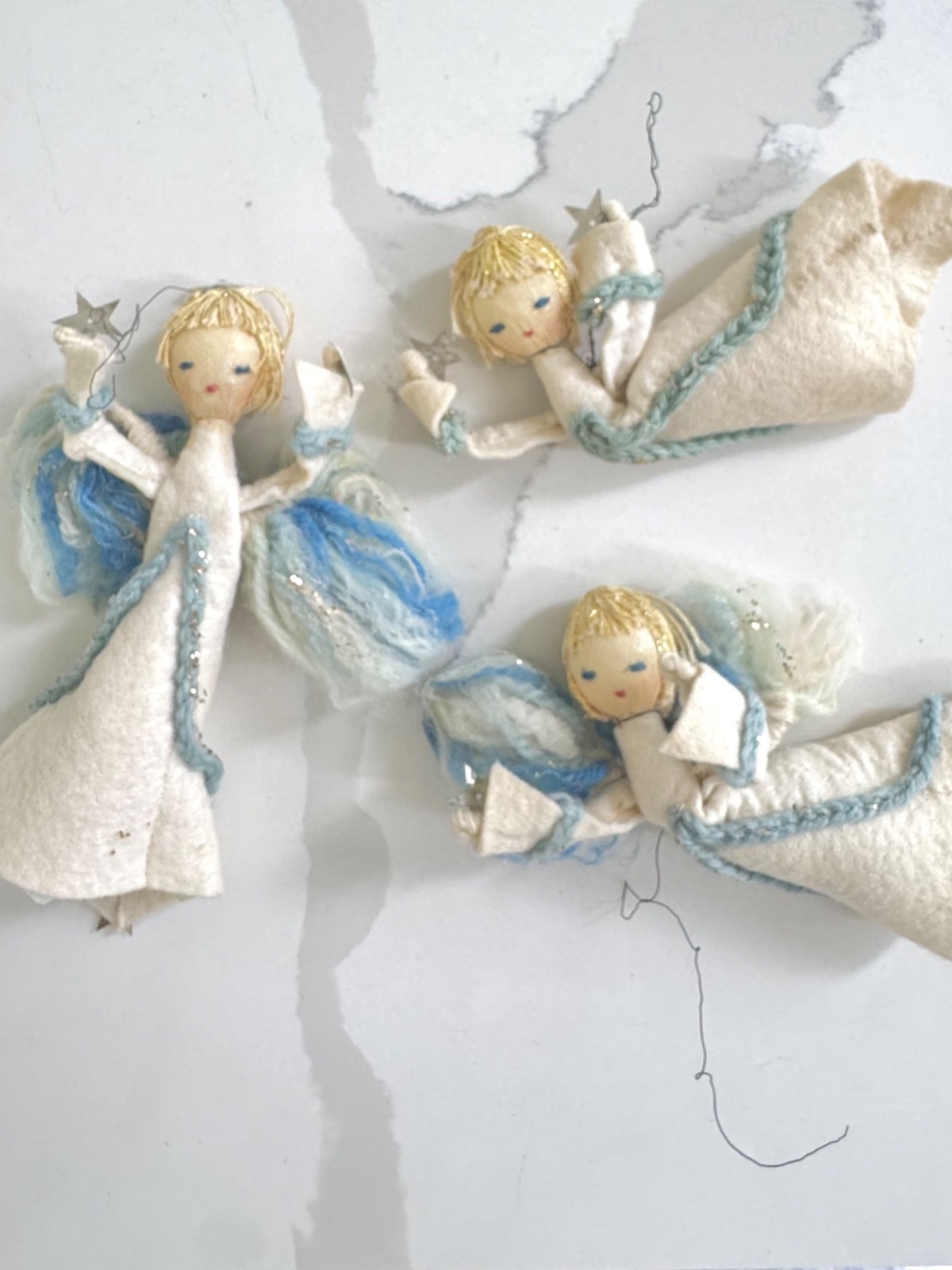 Vintage MCM Handmade Japan Yarn Felt Angels Ornaments Set of 3