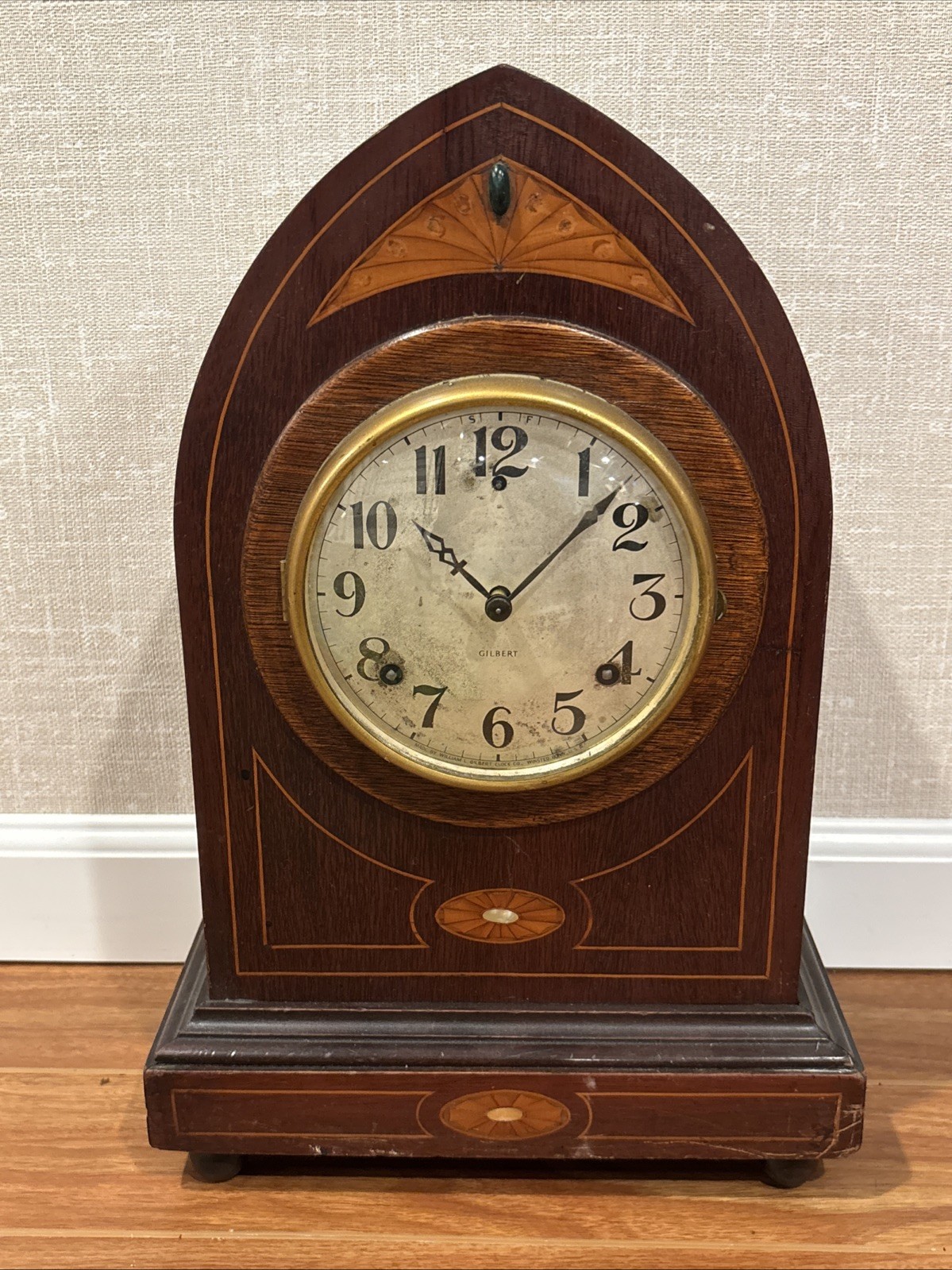 Unusual Gilbert Clock Co. Gothic Arch Shelf Clock With Mother Of Pearl Inlay Unusual Gilbert Clock Co. Gothic Arch Shelf Clock With Mother Of Pearl Inlay