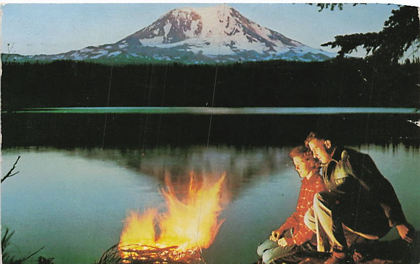Postcard WA: Mt. Adams from Takhlakh Lake, Couple Campfire Posted 1954