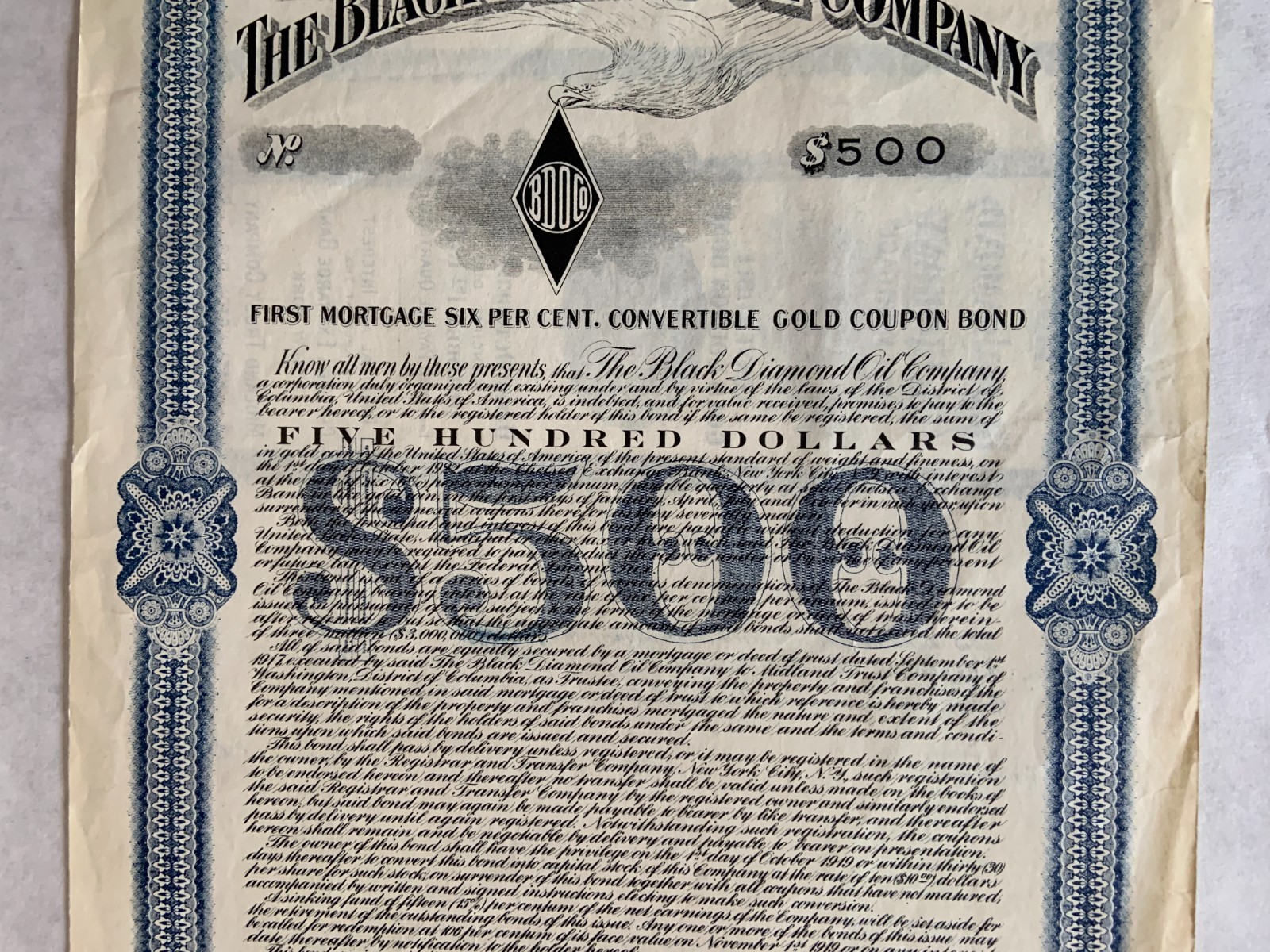 Black Diamond Oil Co. - 1917 dated $500 District of Columbia Oil Gold Bond - P Black Diamond Oil Co. - 1917 dated $500 District of Columbia Oil Gold Bond - P