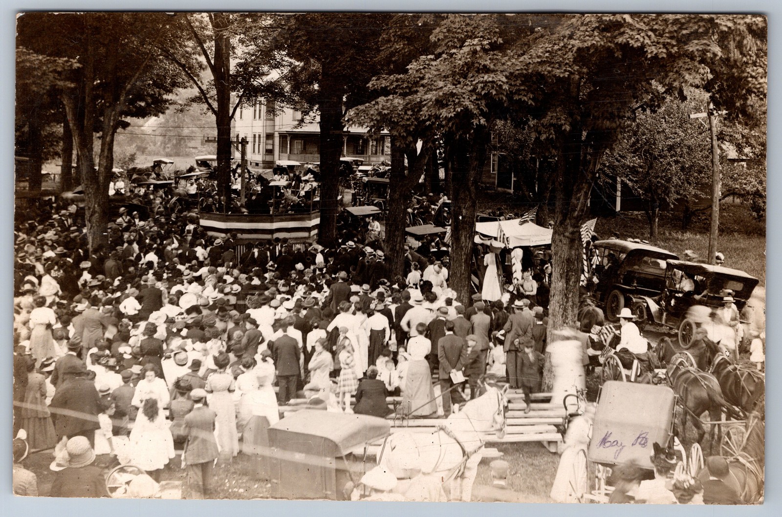 RPPC Town Celebration Crowd Bandstand Autos Vermont Real Photo Postcard c1910