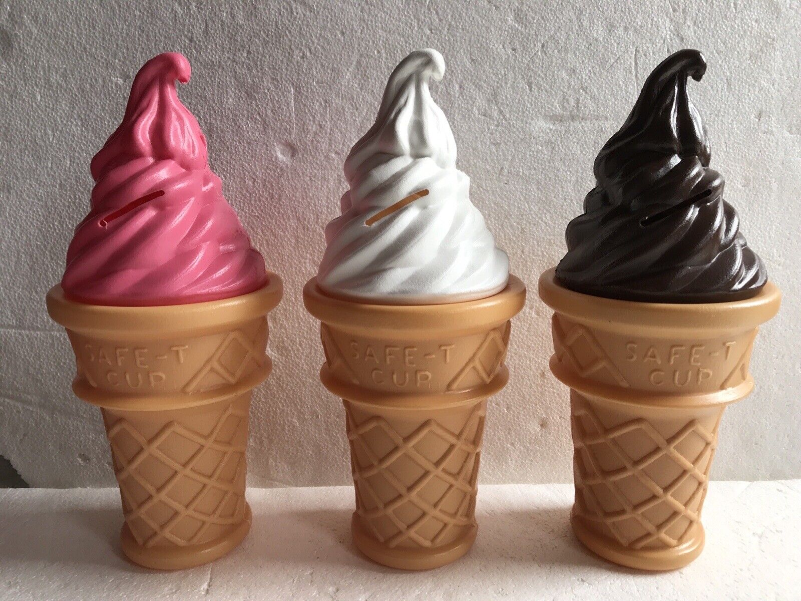 Blow Mold Ice Cream Cone Banks  Strawberry Vanilla Chocolate Safe T 11” Lot Of 3
